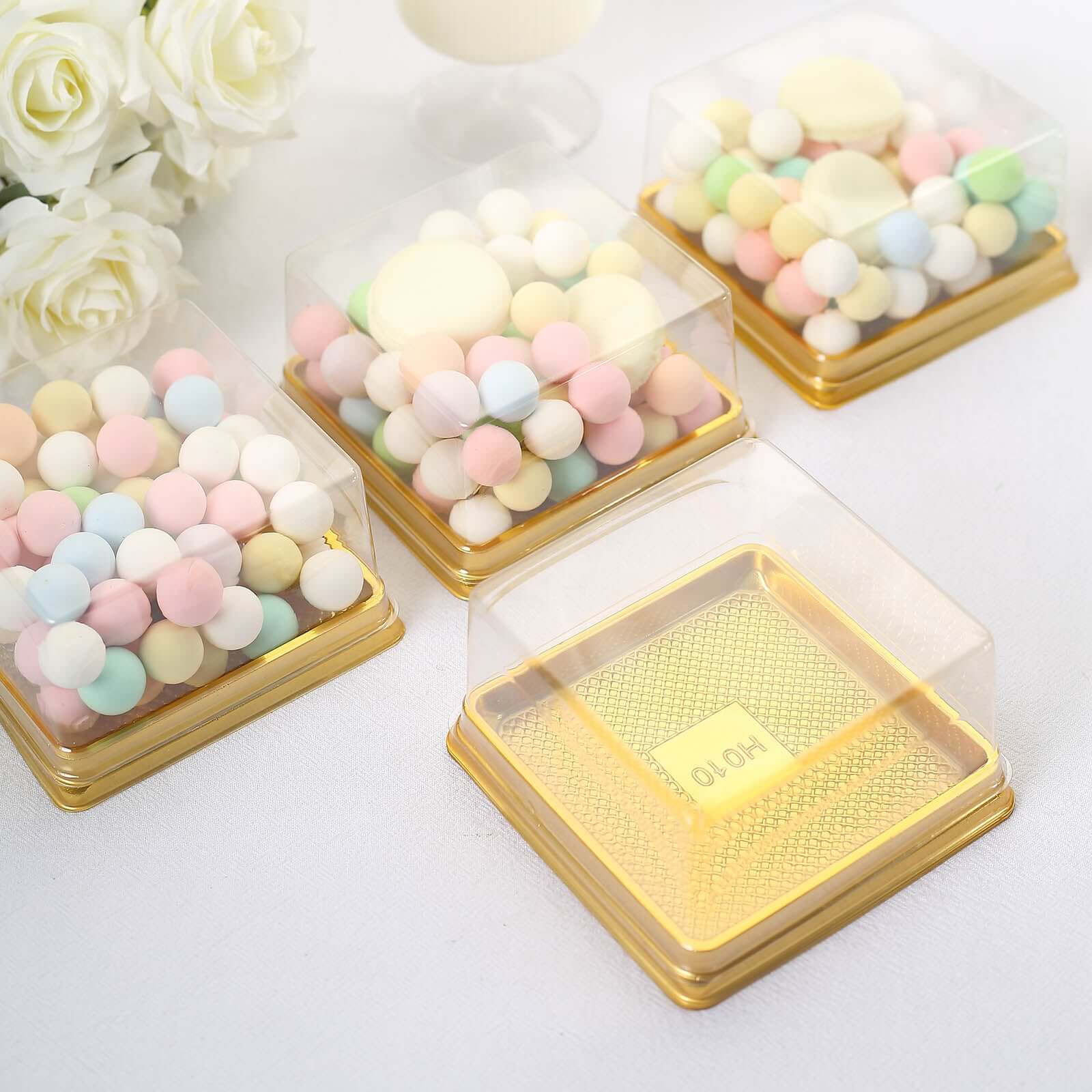 50 Pack Clear Gold Square Mini Plastic Cupcake Party Favor Boxes, Muffin Dessert Containers - 4"x4"x2.5"