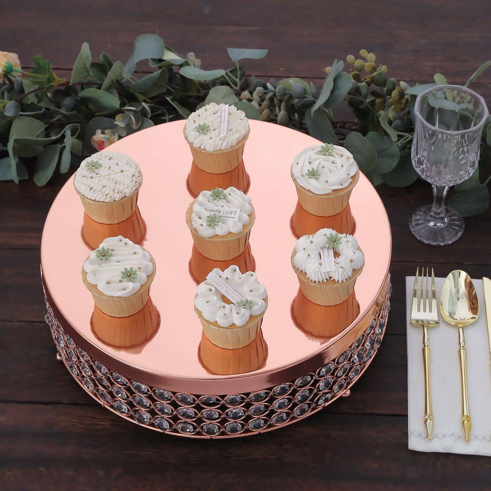 Metal Cake Stand Pedestal Crystal Beaded Design Rose Gold - Cupcake Display and Dessert Riser 13"
