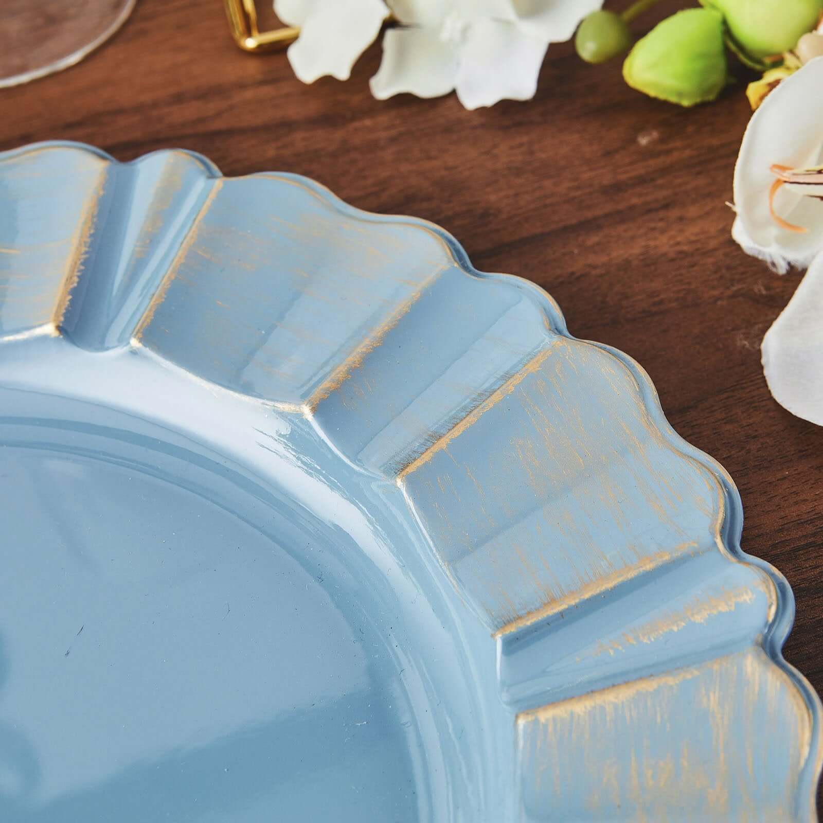 6-Pack Acrylic Plastic Round Charger Plates 13" in Dusty Blue with Gold Brushed Wavy Scalloped Rim, Decorative Dinner Party Charger Tableware