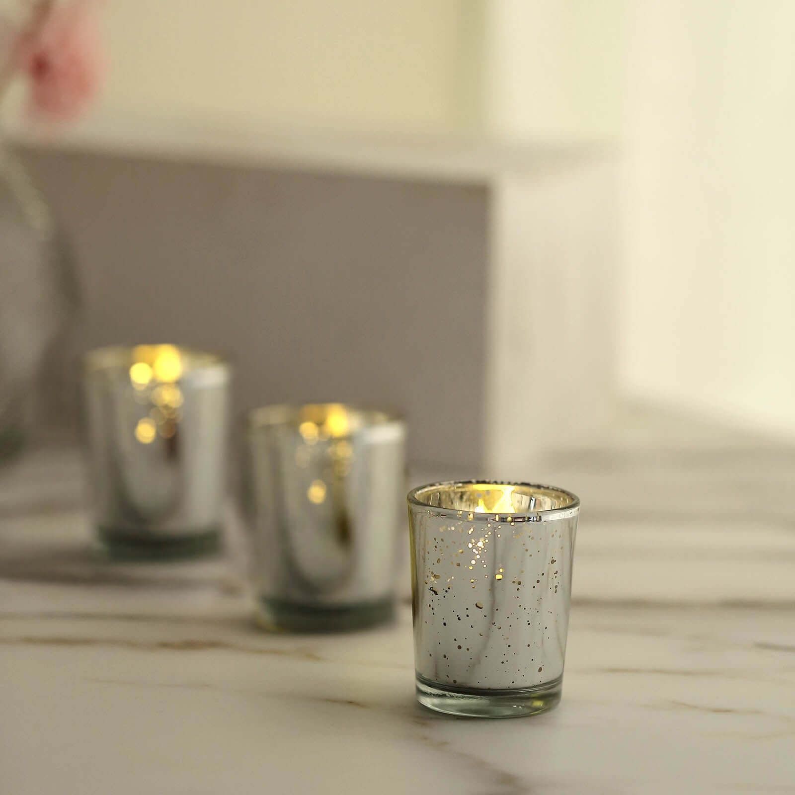 12-Pack Mercury Glass Candle Holders Silver with Speckled Design - Votive Tealight Holders 2"