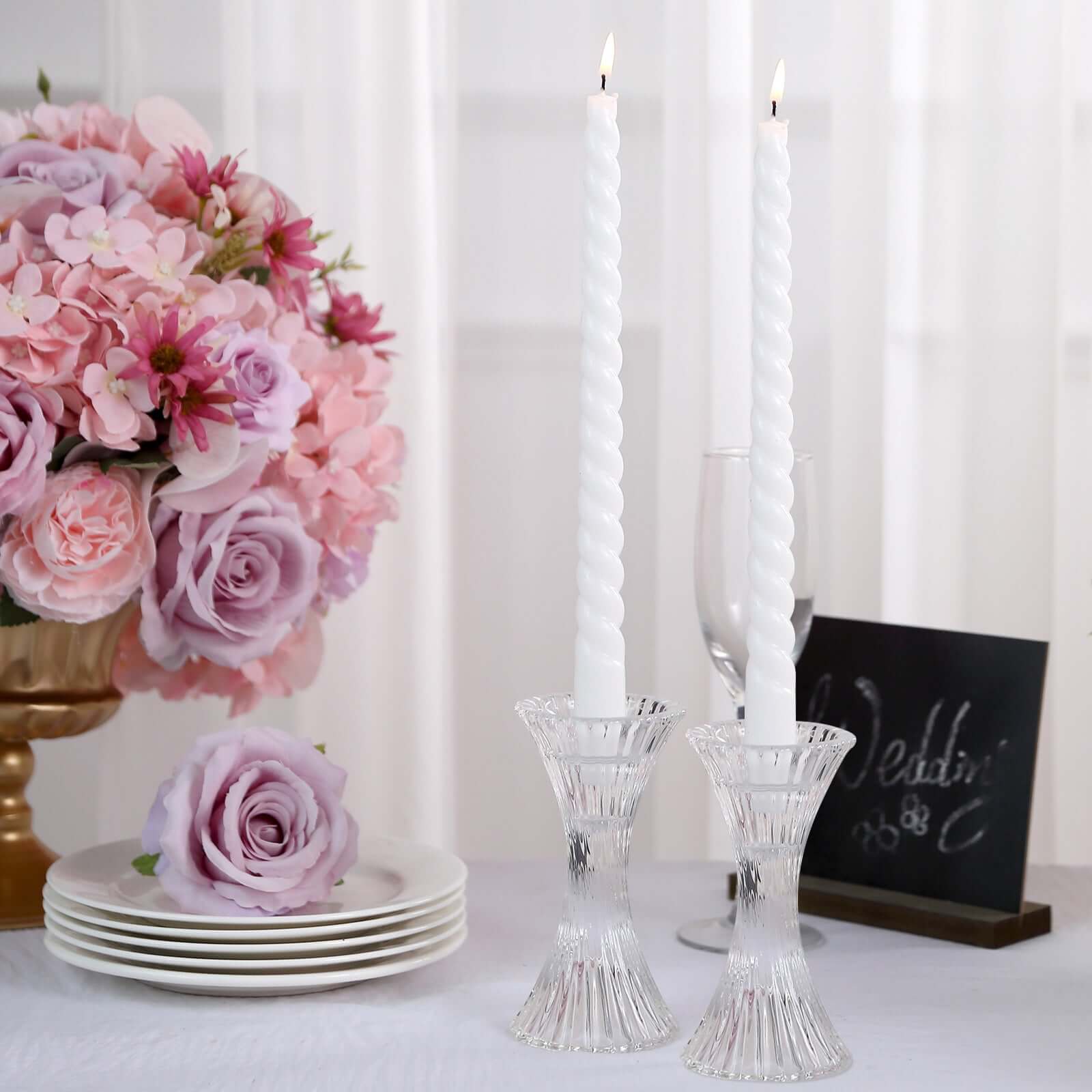 2-Pack Crystal Pillar Candlestick Stands Hour Glass Design with Diagonal Stripes Clear - Reversible Taper Holders 5"