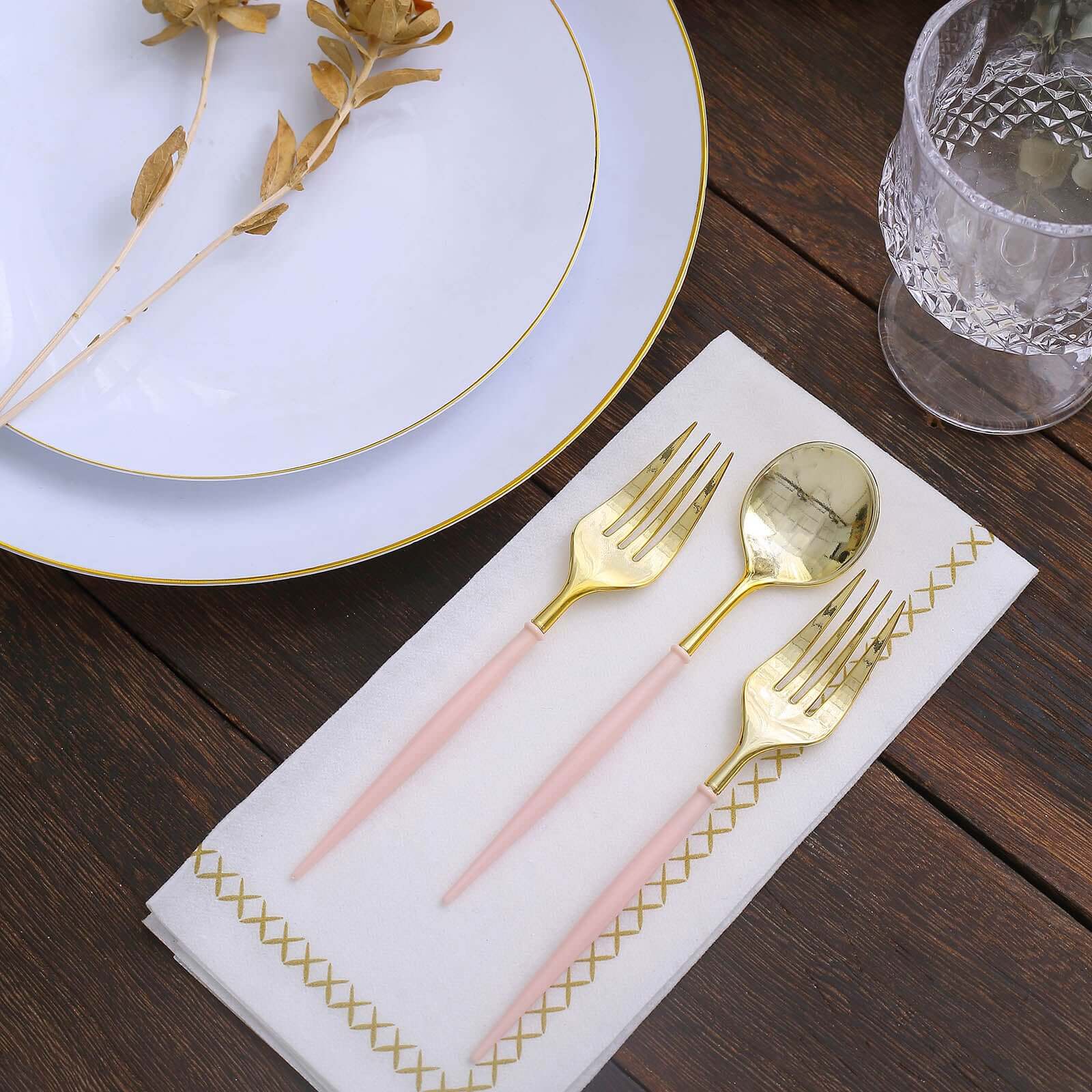 24-Pack Plastic Fork and Spoon Set Gold/Rose Gold - Heavy Duty Disposable Modern Utensils 6"