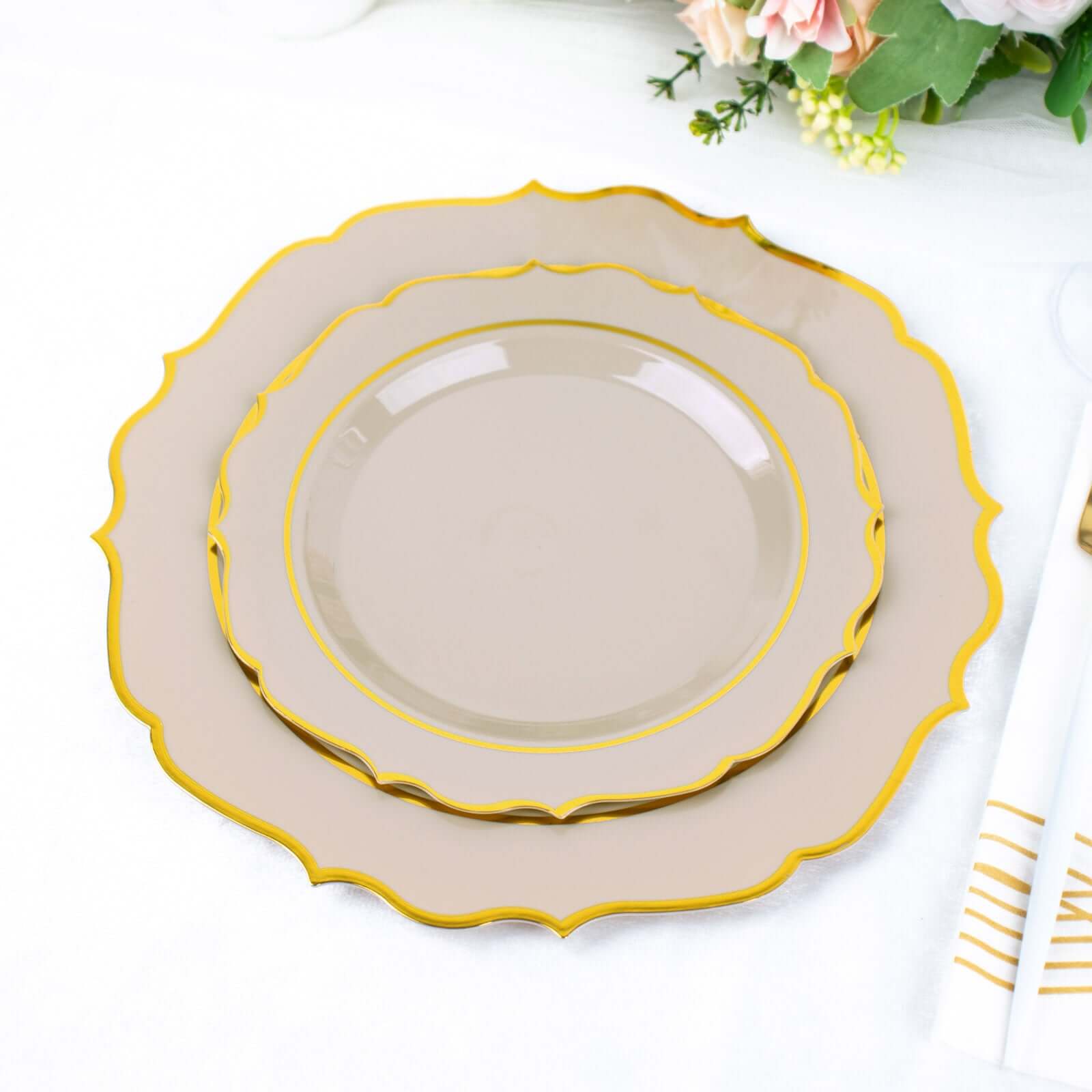 10-Pack Plastic 8" Round Desert Plates in Taupe with Gold Scalloped Rim - Disposable Appetizer/Salad Plates