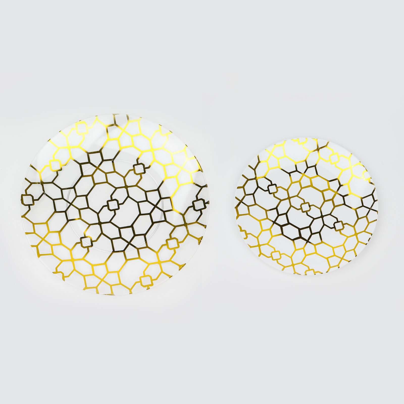 20-Pack Set Plastic Round Dinner and Salad Plates in White & Clear with Geometric Gold Print - Modern Disposable Dinnerware Set for Weddings & Celebrations 9", 7"