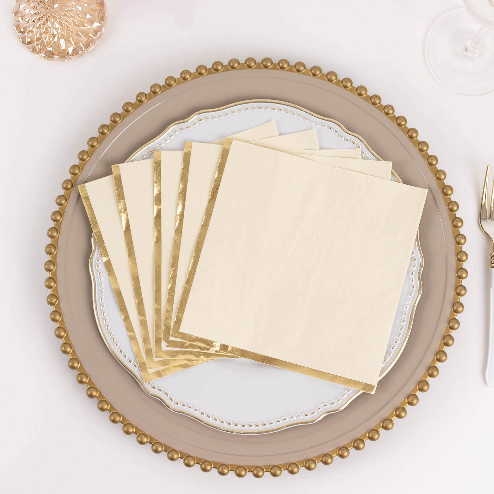 50-Pack Paper Beverage Napkins with Gold Foil Edge Ivory - Disposable 2 Ply Cocktail Napkins for Events 6.5"x6.5"