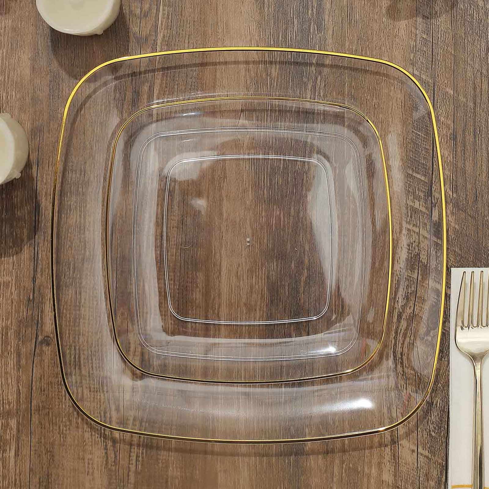 10-Pack Plastic 7" Square Dessert Plates in Clear with Gold Rim - Classy Disposable Appetizer Salad Plates