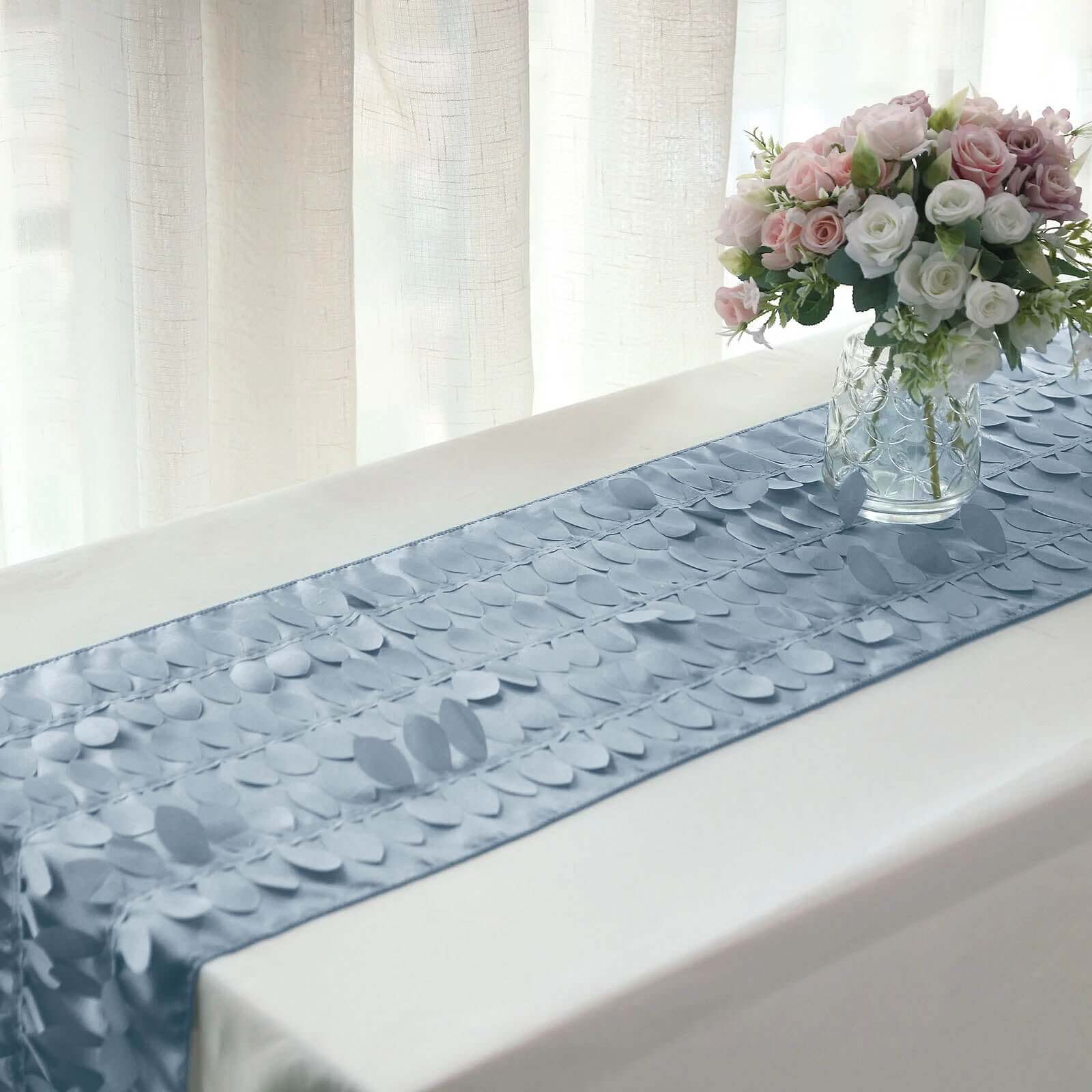 Taffeta Fabric 12"x108" Table Runner Dusty Blue - 3D Leaf Petal Design