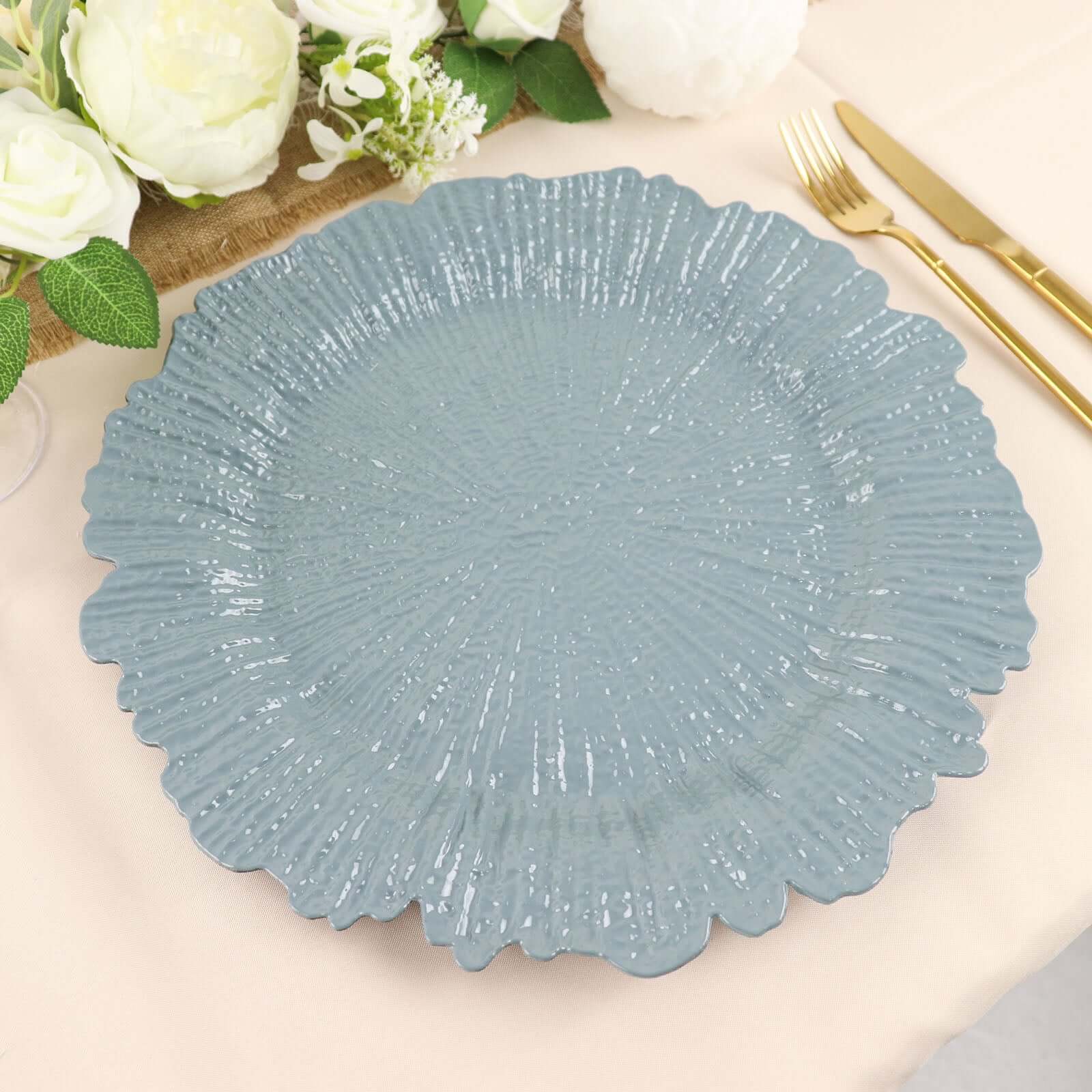 6-Pack Acrylic Plastic Round Charger Plates 13" in Dusty Blue with Reef Design, Dinner Charger Tableware