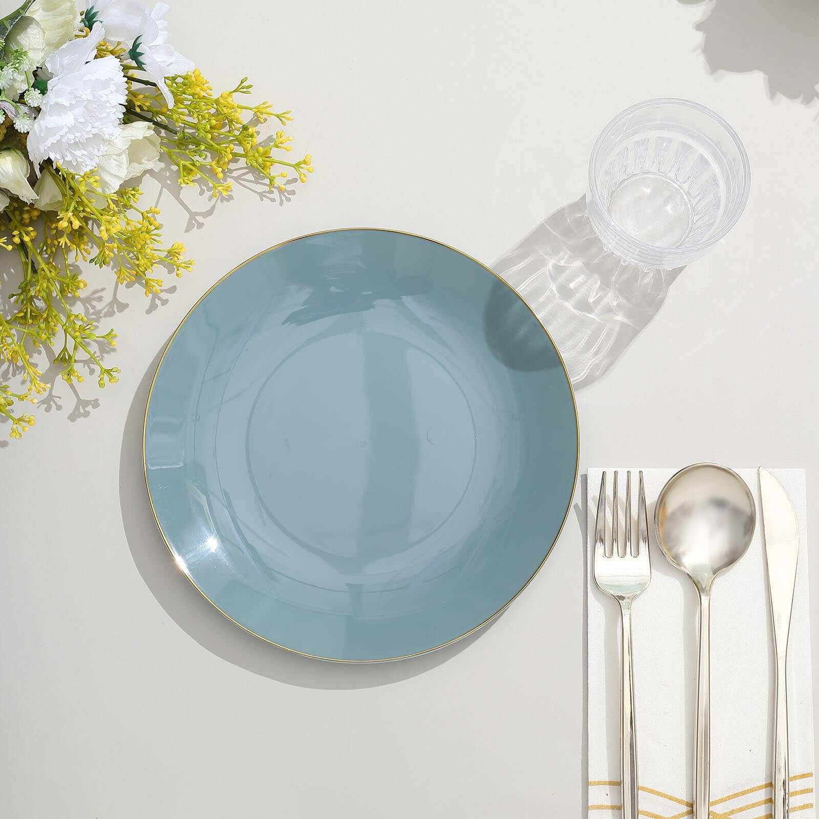 10-Pack Plastic 8" Round Dessert Plates in Dusty Blue with Gold Rim - Glossy Disposable Appetizer Salad Plates