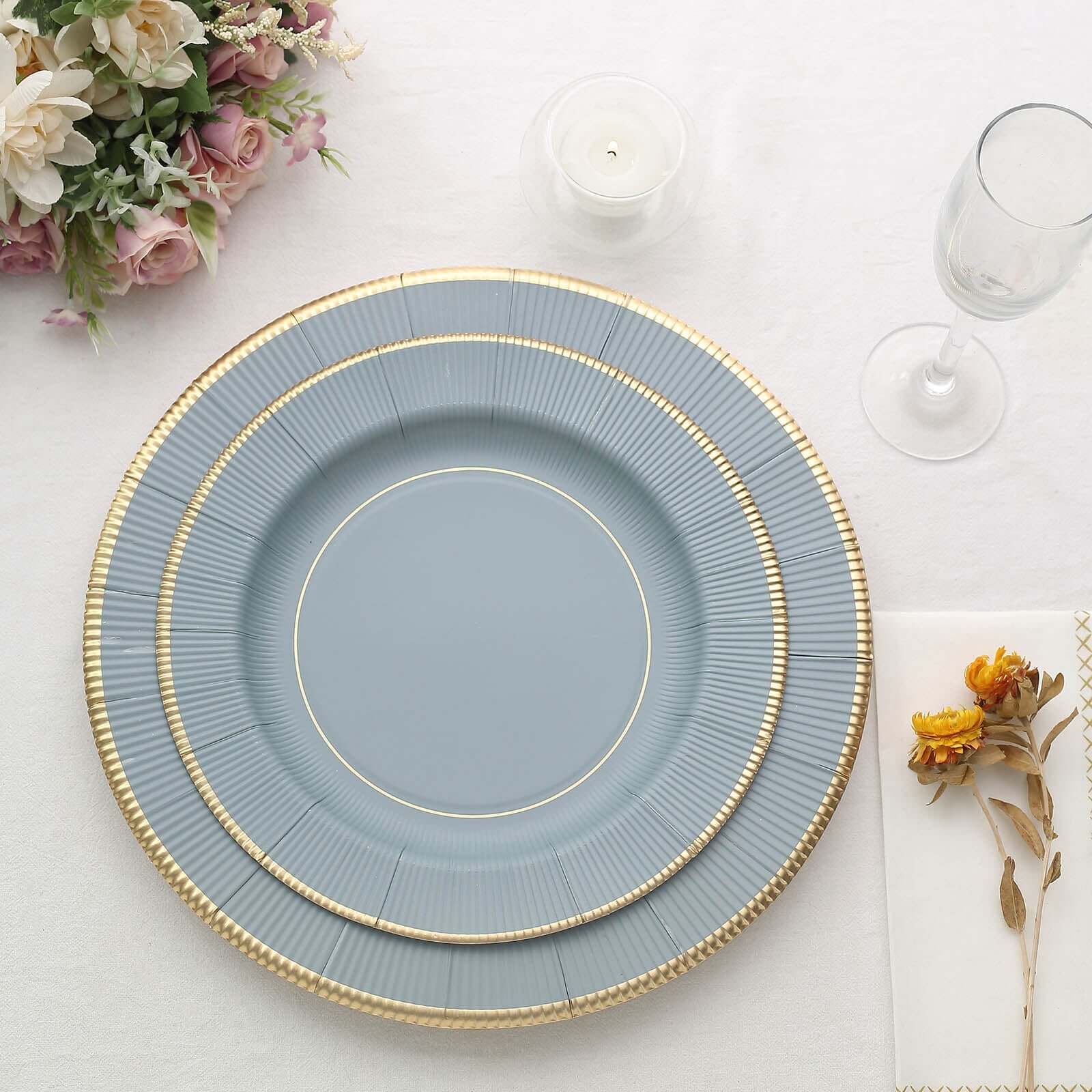 25-Pack Disposable Round Charger Plates in Dusty Blue Sunray Design with Gold Rim - 350GSM Heavy Duty Paper Chargers 13"