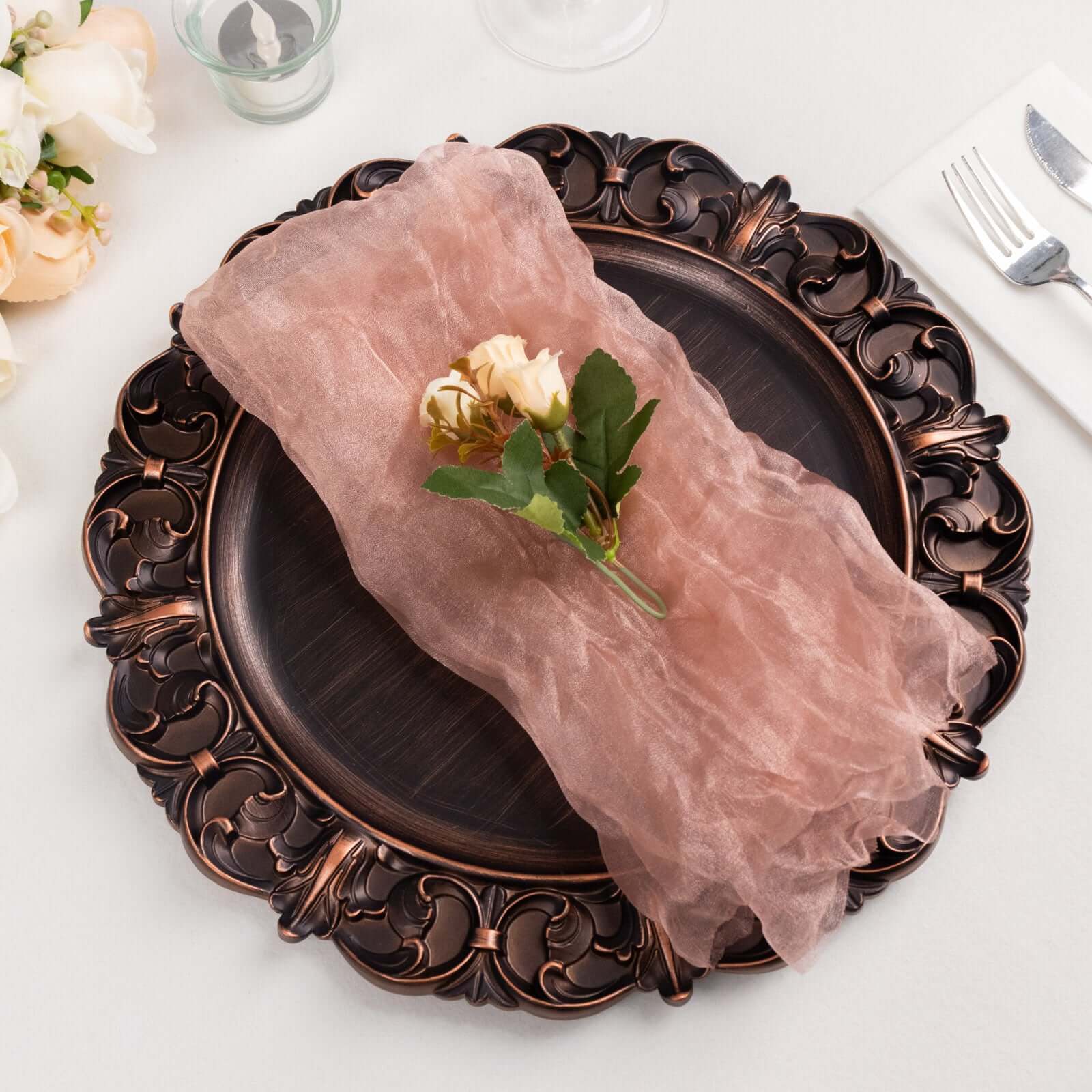 5 Pack Crinkled Organza 21"x21" Napkins Dusty Rose - Rustic Style Dinner & Party Napkins
