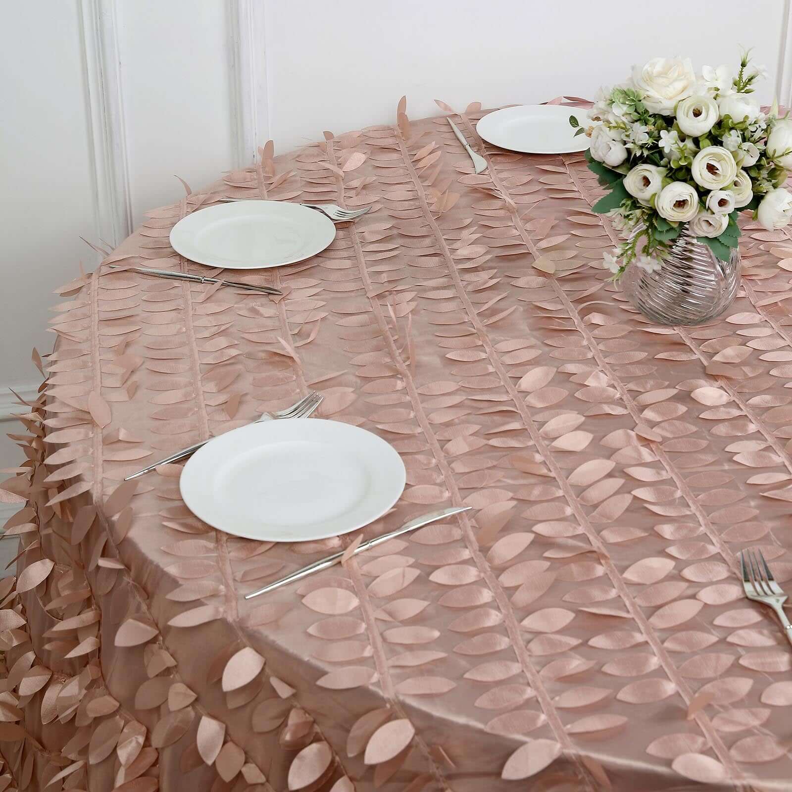 Taffeta 120" Round Tablecloth Dusty Rose | 3D Leaf Petal Design Seamless Table Cover