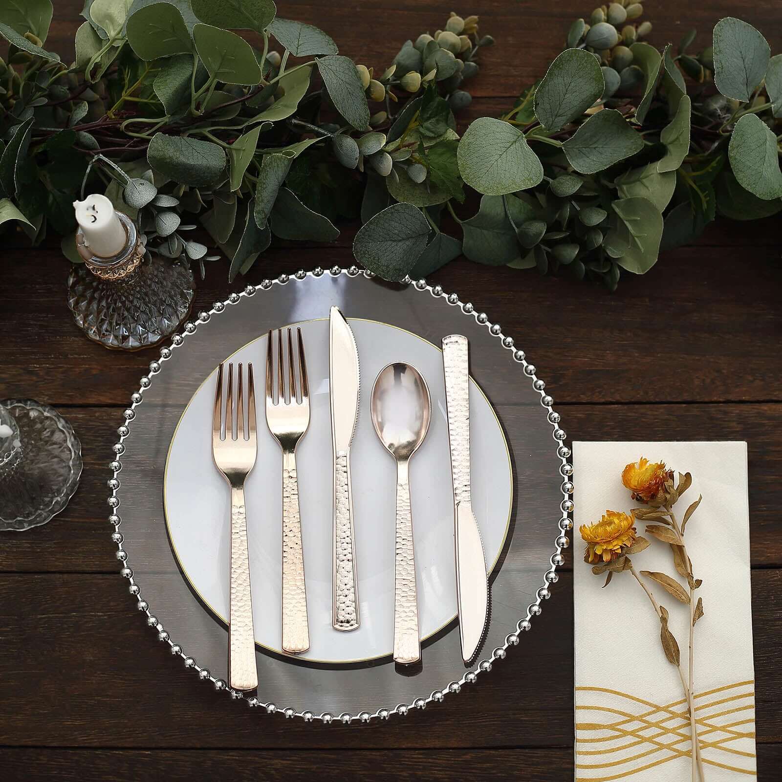 24-Pack Plastic Silverware Set with Hammered Design Rose Gold - Heavy Duty Disposable Utensils 7"