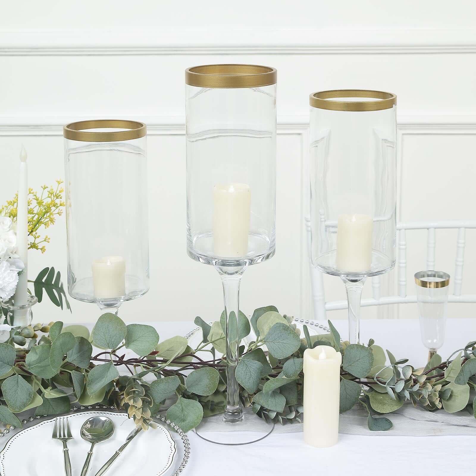 Set of 3 Glass Hurricane Candle Holders Long Stem Clear with Gold Rim - Decorative Pedestal Floral Centerpieces 16", 18", 20"