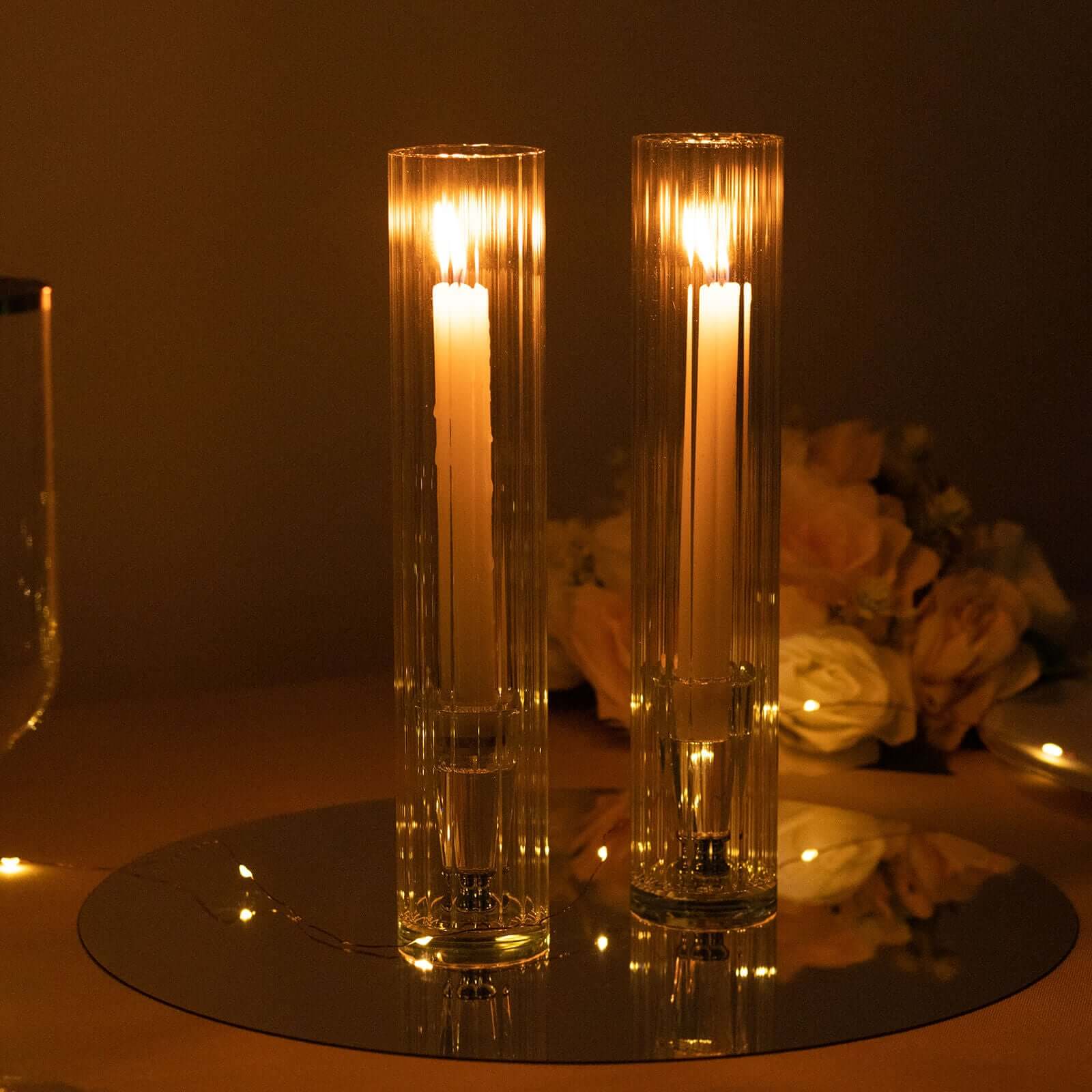 2-Pack Clear Ribbed Glass Hurricane Shades Open End Design - Stylish Candelabra Pillar Candle Holder Table Centerpiece 10"