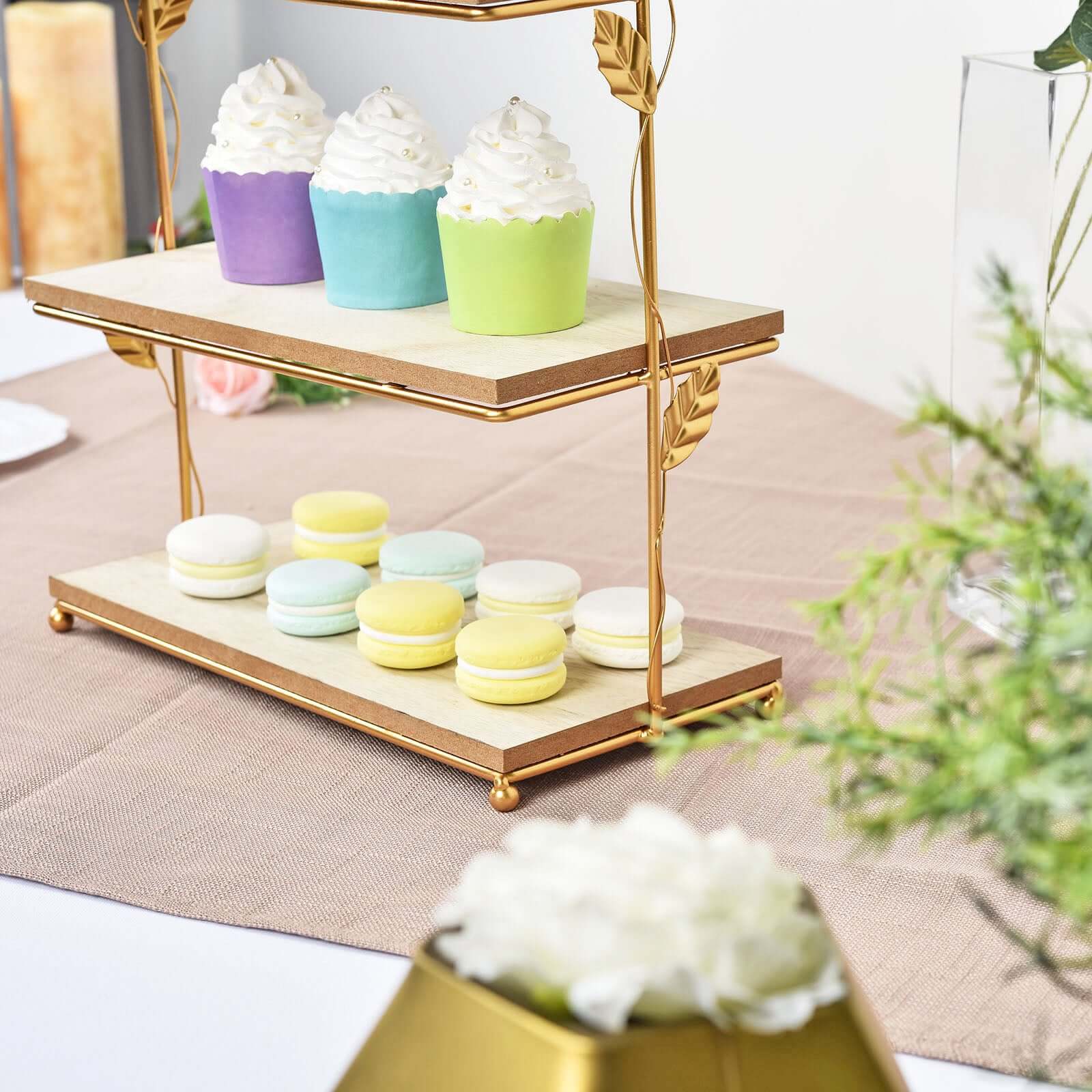 3-Tier Wooden Cheese Board Stand Rectangular Gold/Wood Slice Design - Rustic Cupcake Tower Centerpiece with Assembly Tools 19"
