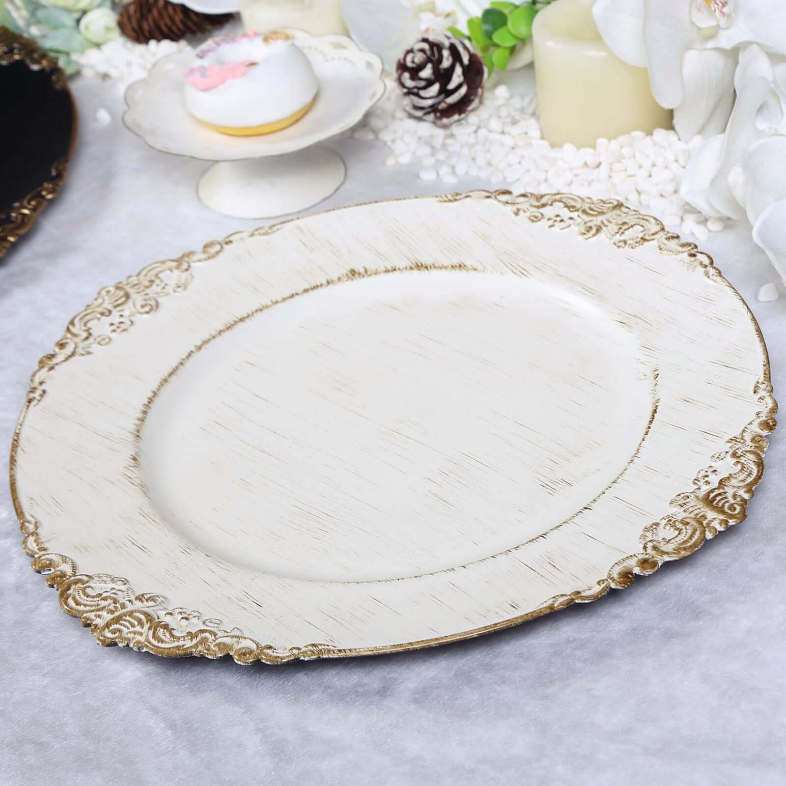 6-Pack Acrylic Round Charger Plates 13" in White Washed with Gold Embossed Baroque Rim, Antique Decorative Dinner Party Charger Tableware