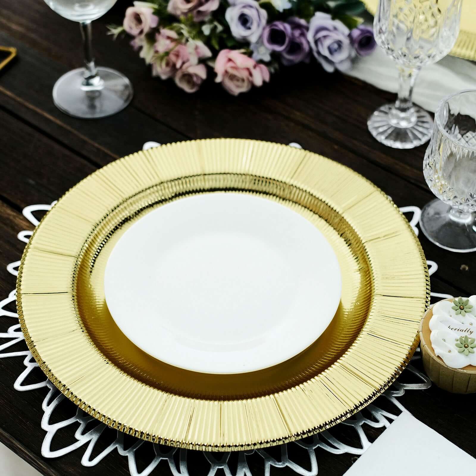 25-Pack Disposable Round Charger Plates in Metallic Gold Sunray Design - 350GSM Heavy Duty Paper Chargers for Chic Table Settings 13"