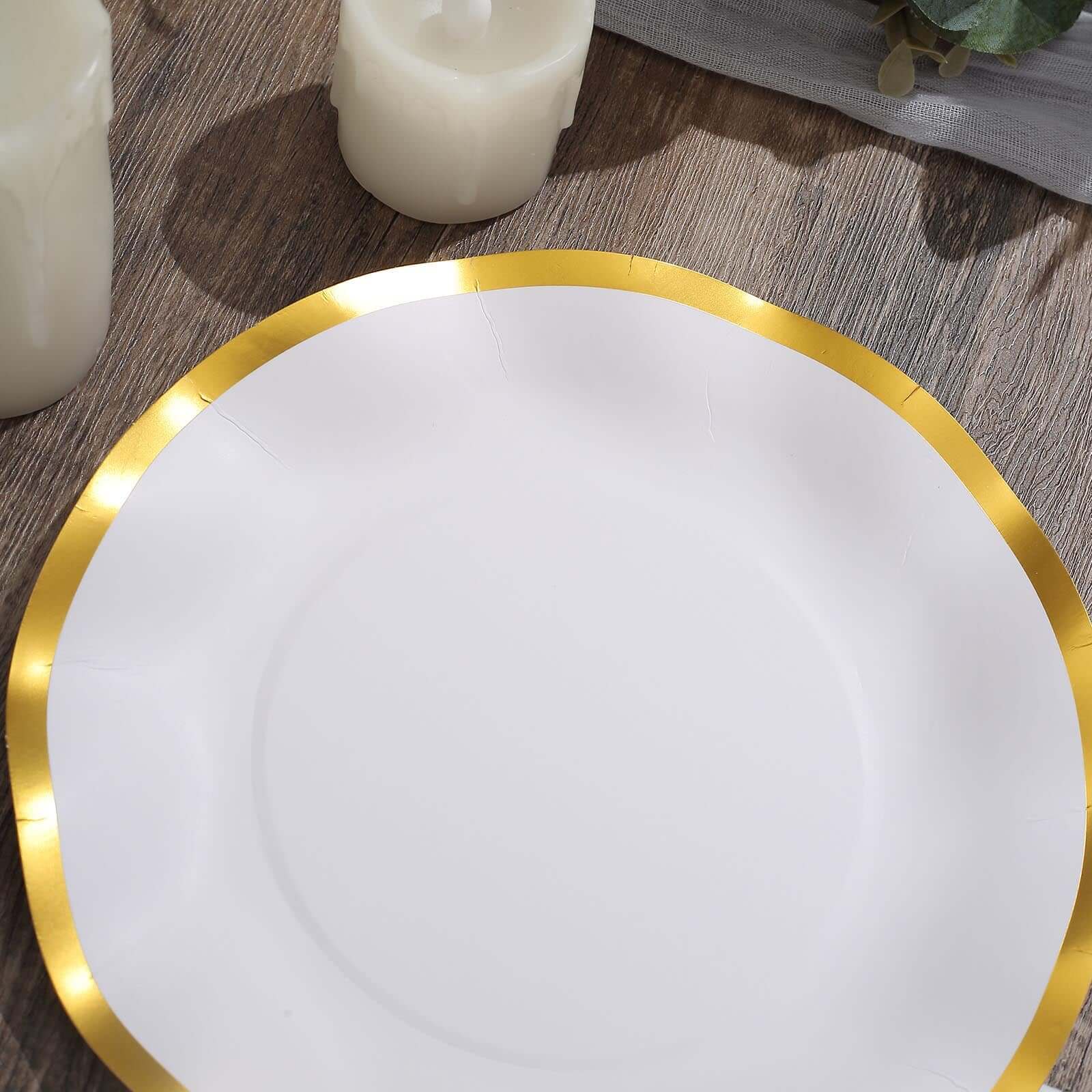 25-Pack Paper Round Dessert Plates 8" Matte White with Gold Wavy Rim - Disposable 350GSM Salad Plates for Banquets & Upscale Gatherings
