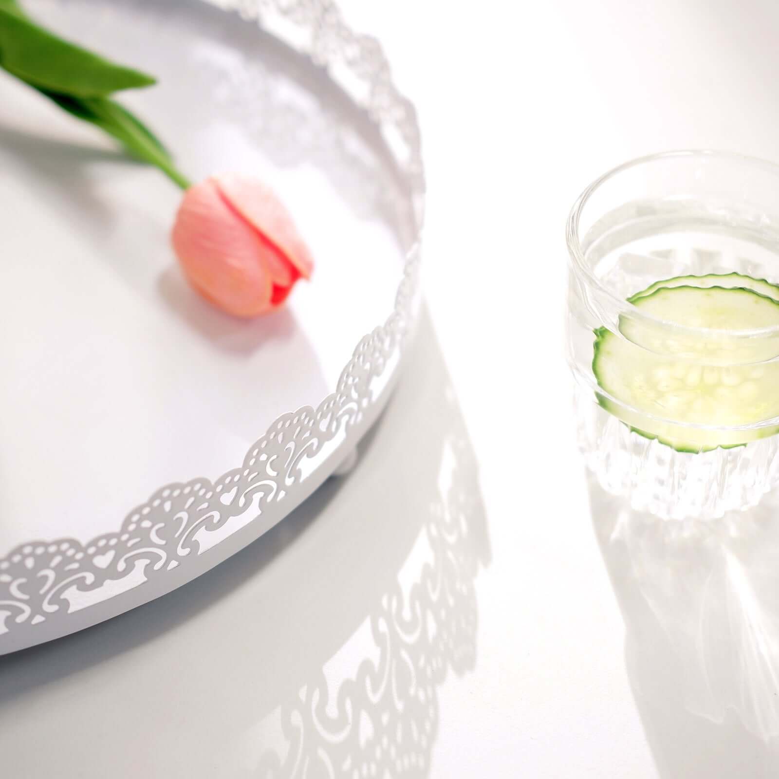 Metal Round Serving Tray 12" in White with Embellished Rims, Stylish Decorative Vanity Tray Centerpiece