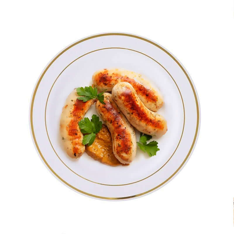 10-Pack Plastic Dessert Plates White with Très Chic Gold Rim - Disposable Plates for Appetizers 6"