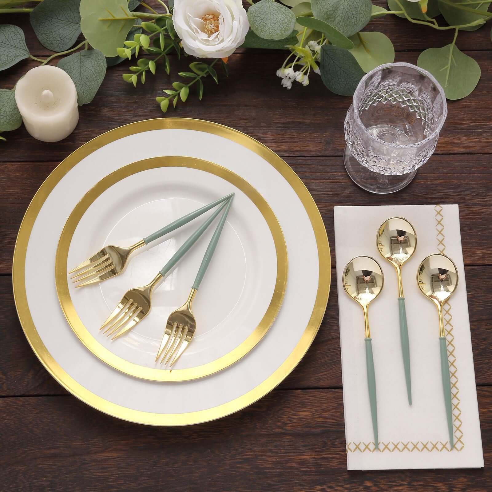 24-Pack Plastic Fork and Spoon Set Metallic Gold/Dusty Sage Green - Heavy Duty Disposable Modern Utensils 6"