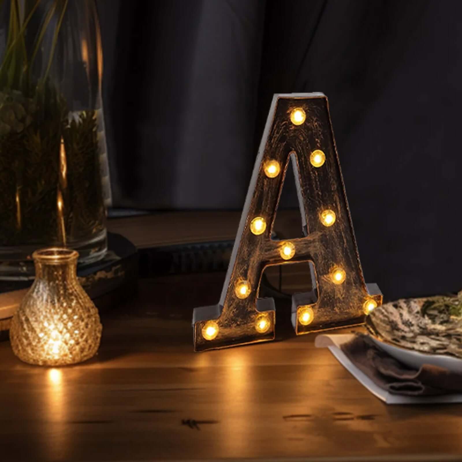LED Marquee Letter "A" Industrial Style Antique Black - Light-Up Alphabet Sign for Weddings & Displays 9"
