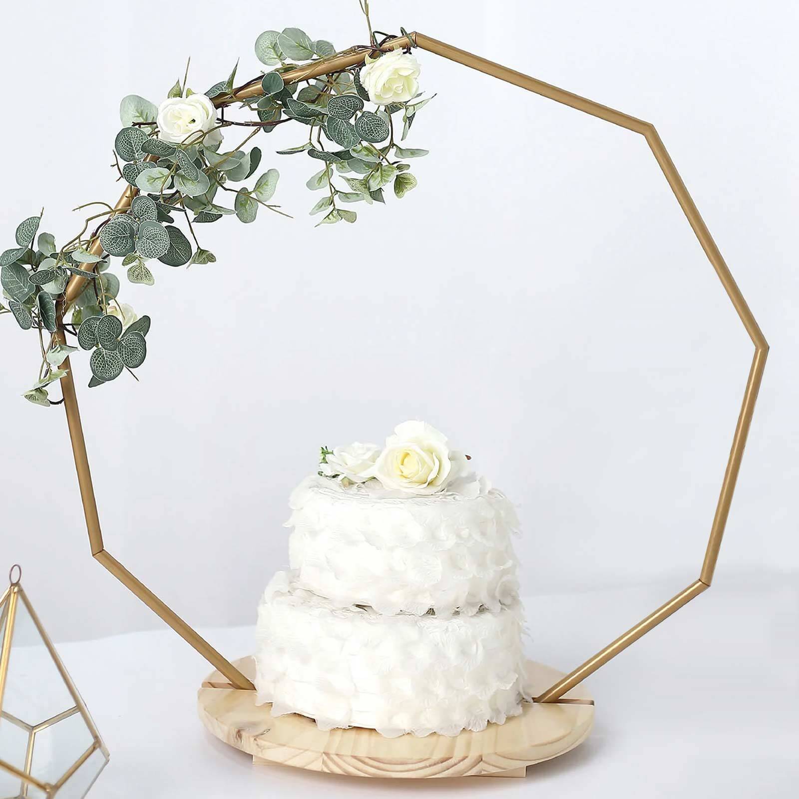 Metal Nonagon Floral Hoop Cake Stand Gold - Chic Geometric Dessert Display DIY Centerpiece Table Decoration With Wooden Base 27"