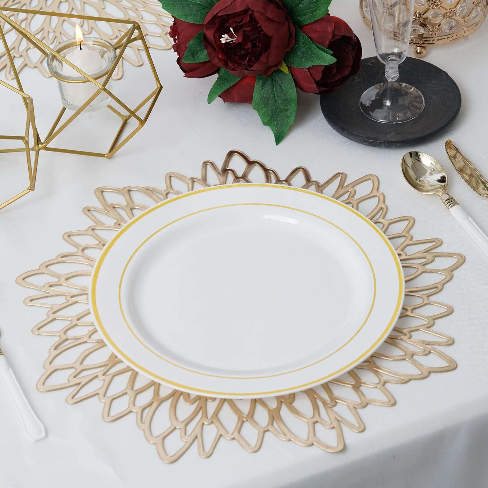 6-Pack Dining Table Mats Floral Design Gold - Metallic Vinyl Round Non-Slip Mats for Tables 15"