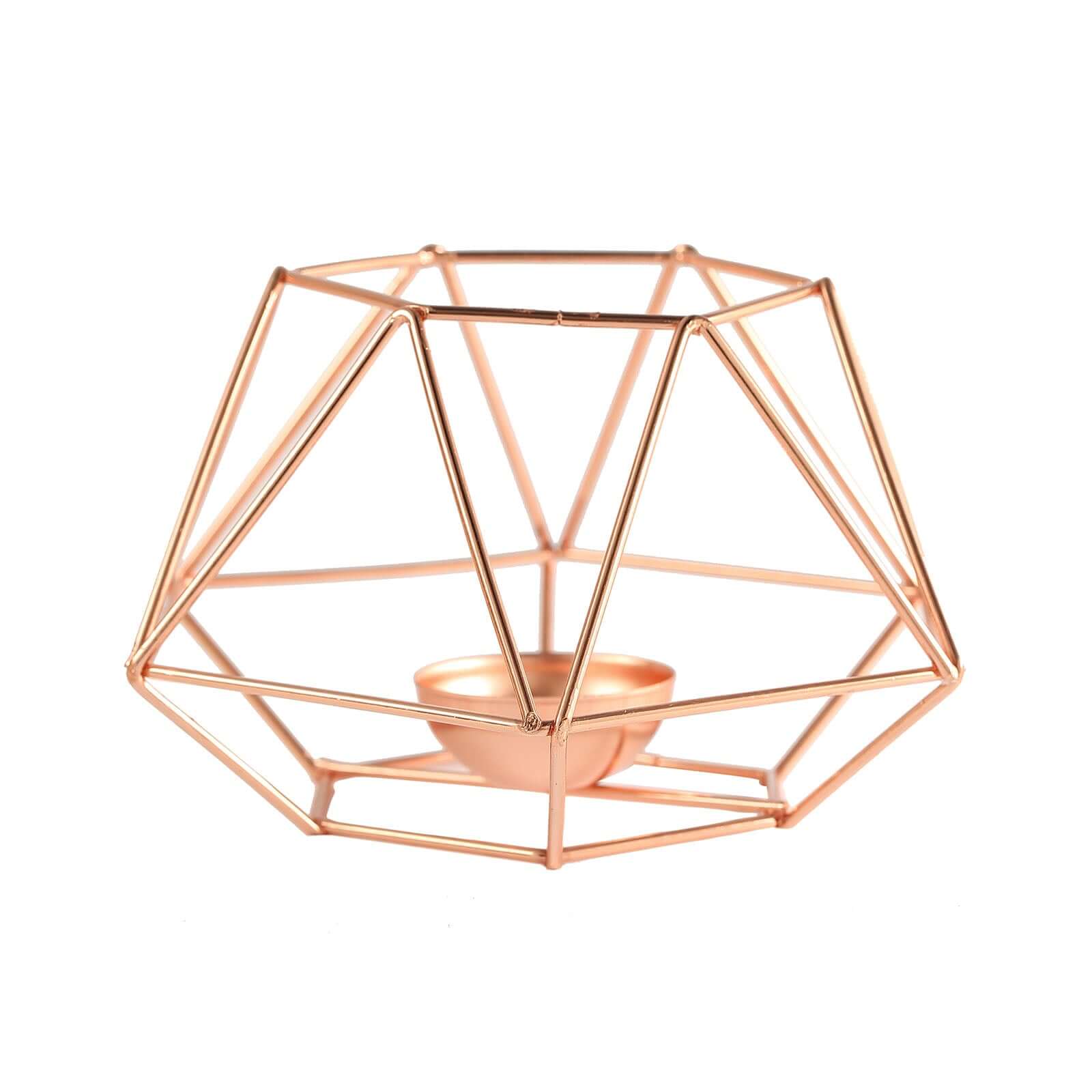 Set of 2 Candle Holders Metal Hexagon Geometric Design Rose Gold - Modern Decorative Centerpieces for Tables 4"x3"
