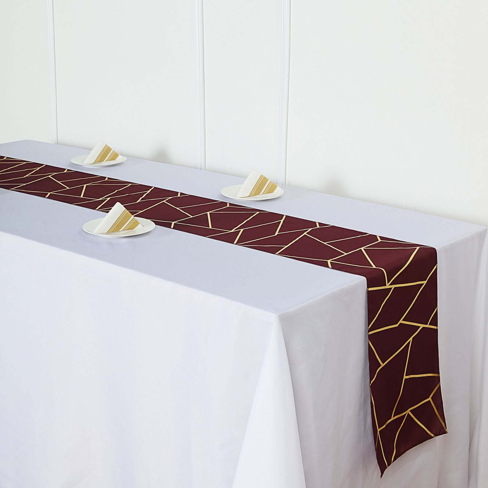 Polyester 9ft Table Runner Burgundy with Gold Foil Modern Geometric Accent