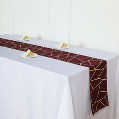 Polyester 9ft Table Runner Burgundy with Gold Foil Modern Geometric Accent