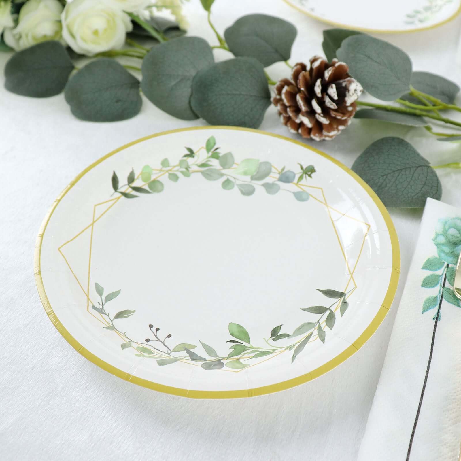 24-Pack Paper 7" Round Dessert Plates in White with Eucalyptus Leaves & Gold Rim - Disposable 300GSM Salad Plates for Garden Weddings & Celebrations