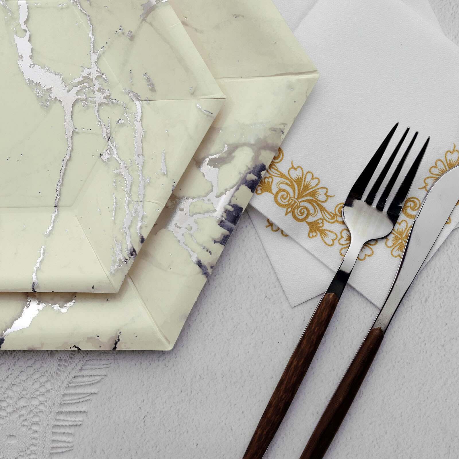 25-Pack Paper 8.5" Hexagon Dessert Plates in Ivory with Silver Marble Design - Disposable Geometric 400GSM Appetizer Salad Plates for Events & Banquets