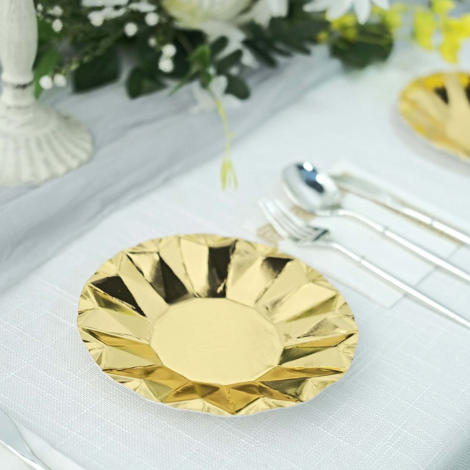 25-Pack Paper 7" Round Dessert Plates in Metallic Gold with Geometric Prism Rim - Disposable 400GSM Appetizer Salad Plates for Dinner Parties & Banquets