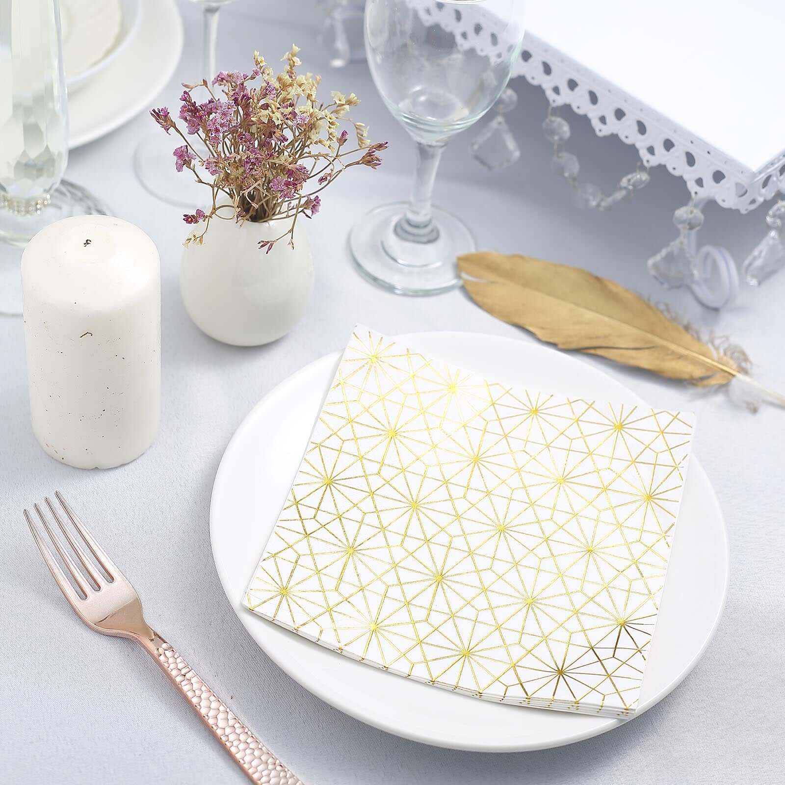 20-Pack Paper Dinner Napkins with Geometric Design Metallic Gold - Disposable 3 Ply Cocktail Napkins for Weddings