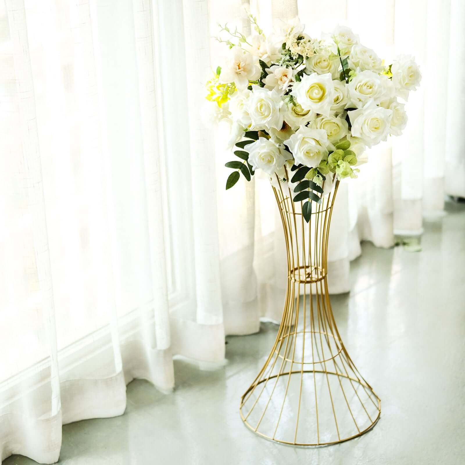 Metal Centerpiece Stand Gold Hourglass Trumpet Shape Design - Flower Open Frame Reversible Pedestal 24"