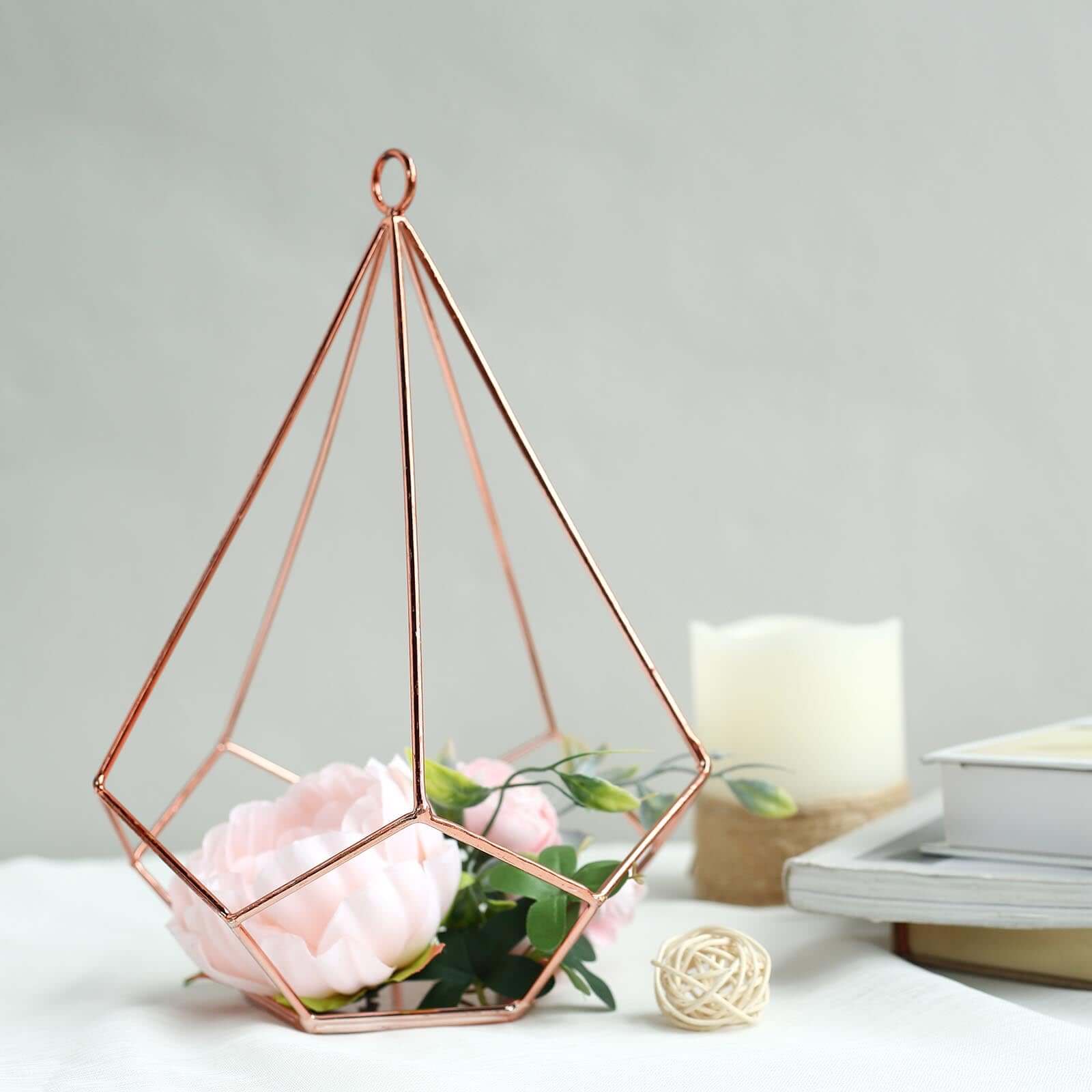 2-Pack Tealight Candle Holders Rose Gold Metal Pentagon Geometric Open Frame - Flower Stand 9"
