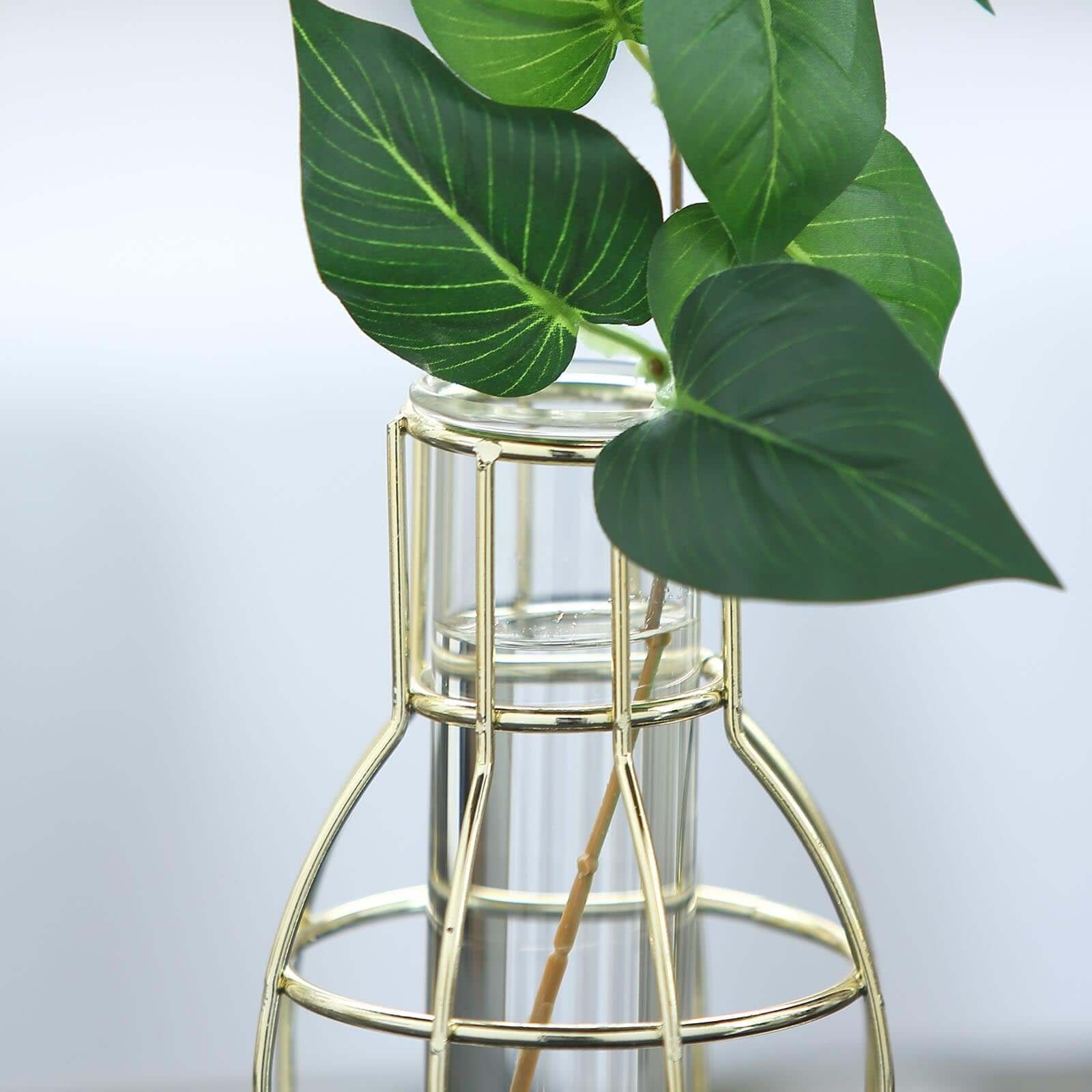 Set of 2 Wedding Centerpieces Gold Metal Frame Bottle Shaped Design - Geometric Glass Bud Vases 8",10"