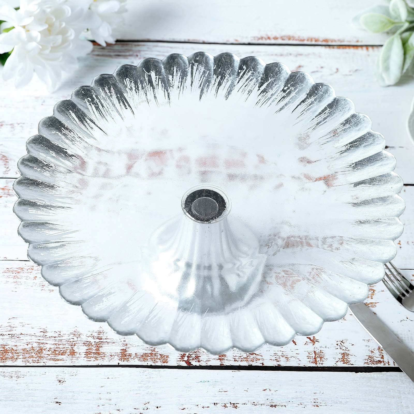 Glass Pedestal Cake Stand Wavy Edge Design Silver - Cupcake Holder and Dessert Display Plate 12"