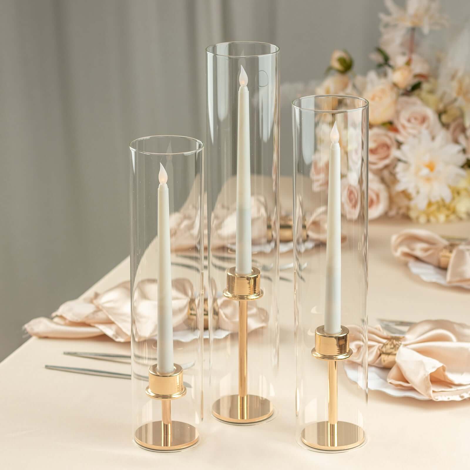 Set of 3 Clear Glass Hurricane Candle Sleeves 3.5" Wide - Chic Pillar Candle Shades Holder Table Centerpiece 15", 17", 19"
