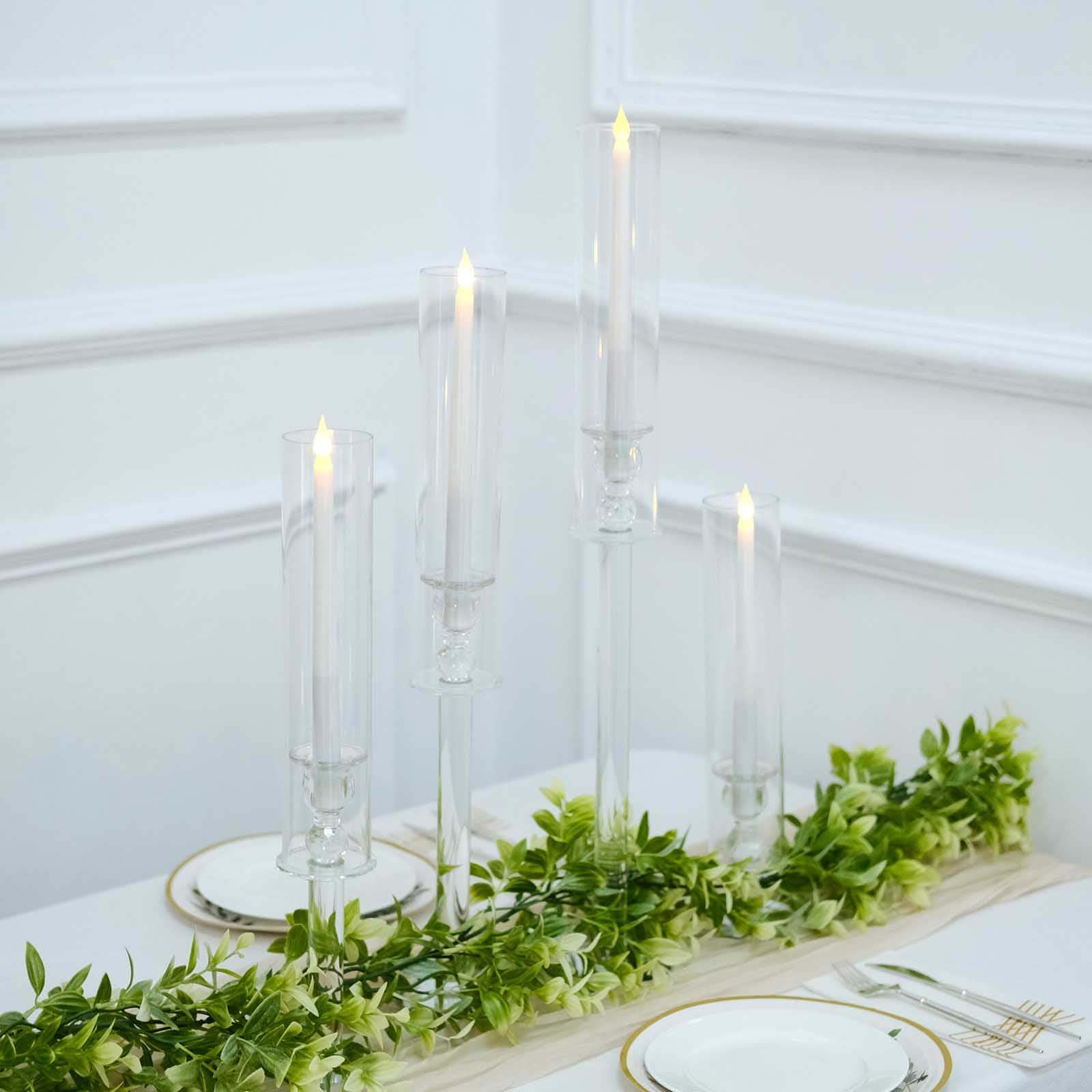 Set of 4 Crystal Glass Hurricane Taper Candle Holders, Decorative Tall Candle Stands Clear Cylinder Chimney Tubes 14", 18", 22", 26"
