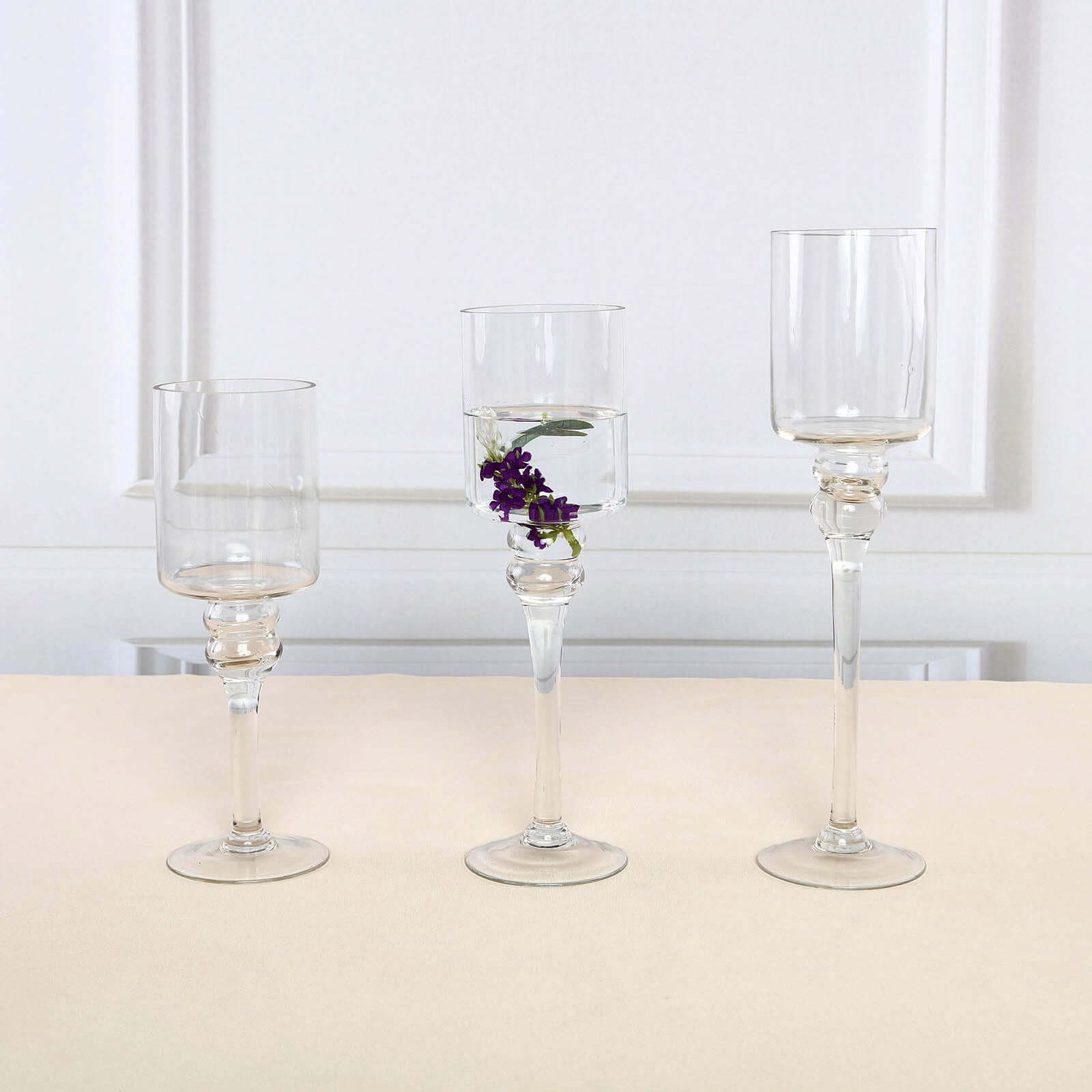Set of 3 Glass Cylinder Vases Long Stem Clear - Decorative Candle Holder Floral Centerpieces 12", 14", 16"