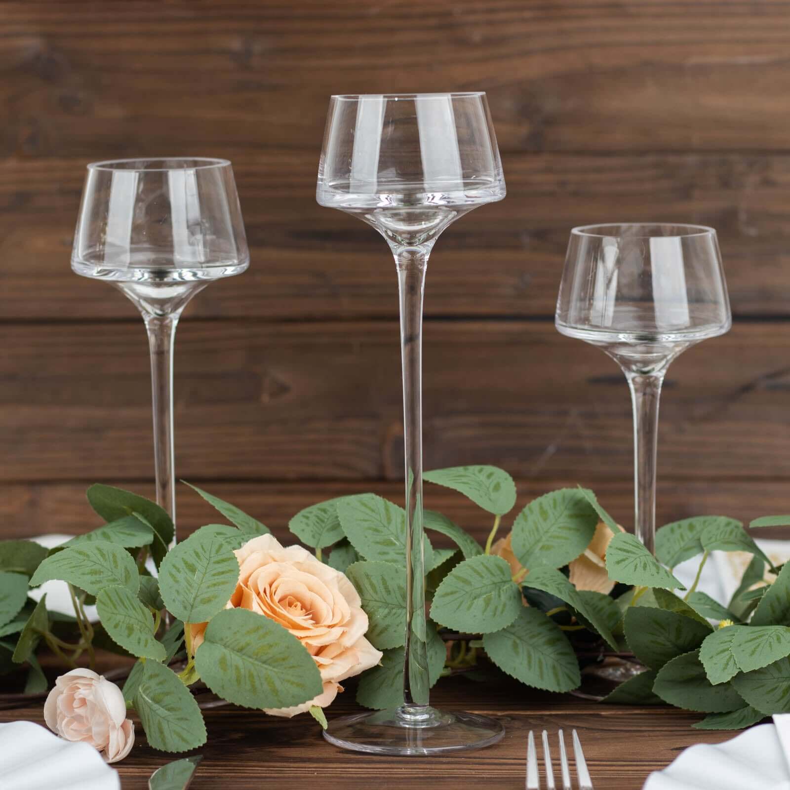 Set of 3 Glass Pedestal Vases Long Stem Clear - Tall Disc Candle Holders for Floral Centerpieces 8", 9", 10"