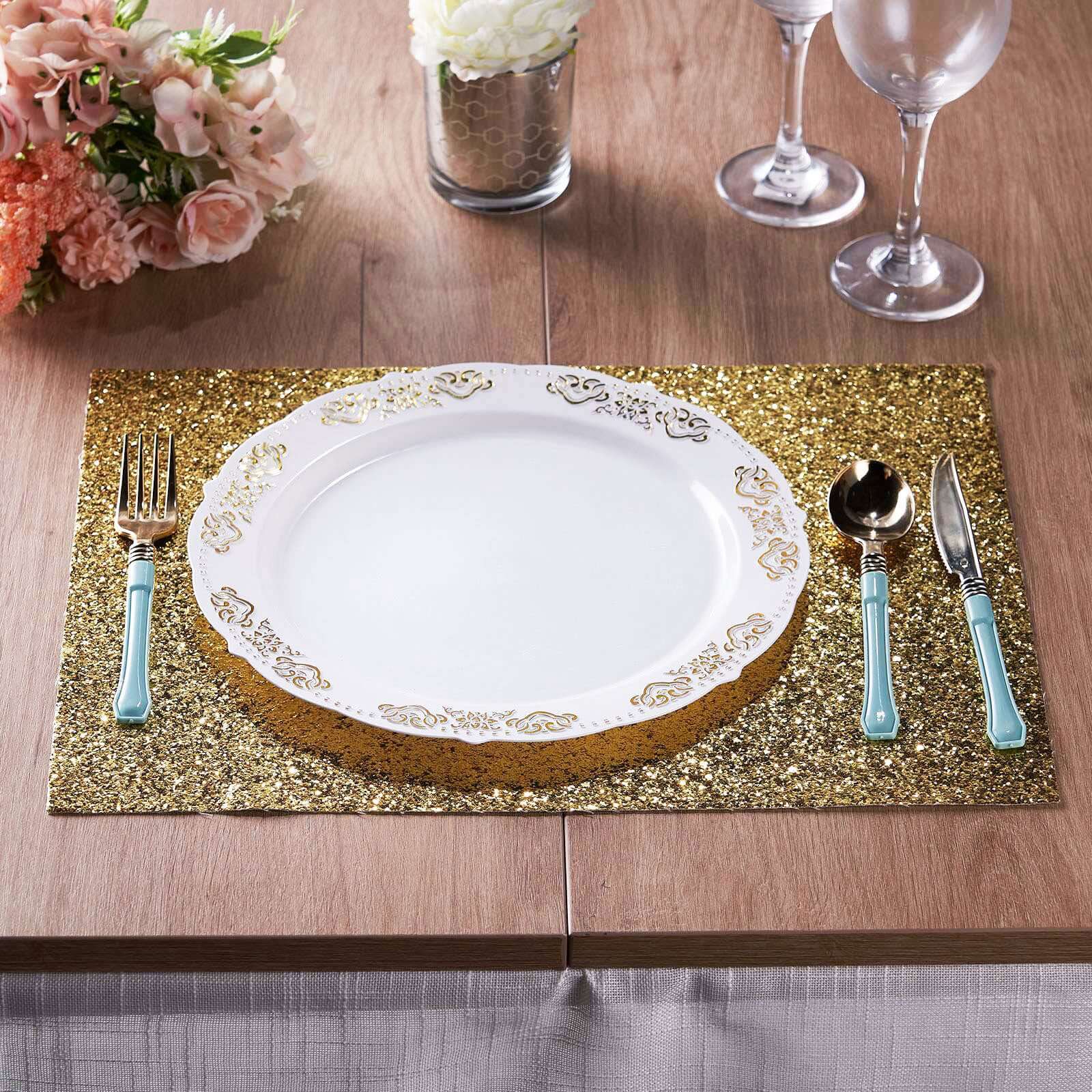 6-Pack Placemats Glitter Design Champagne Sparkle Rectangle - Non-Slip Decorative Dining Table Mats 12"x18"