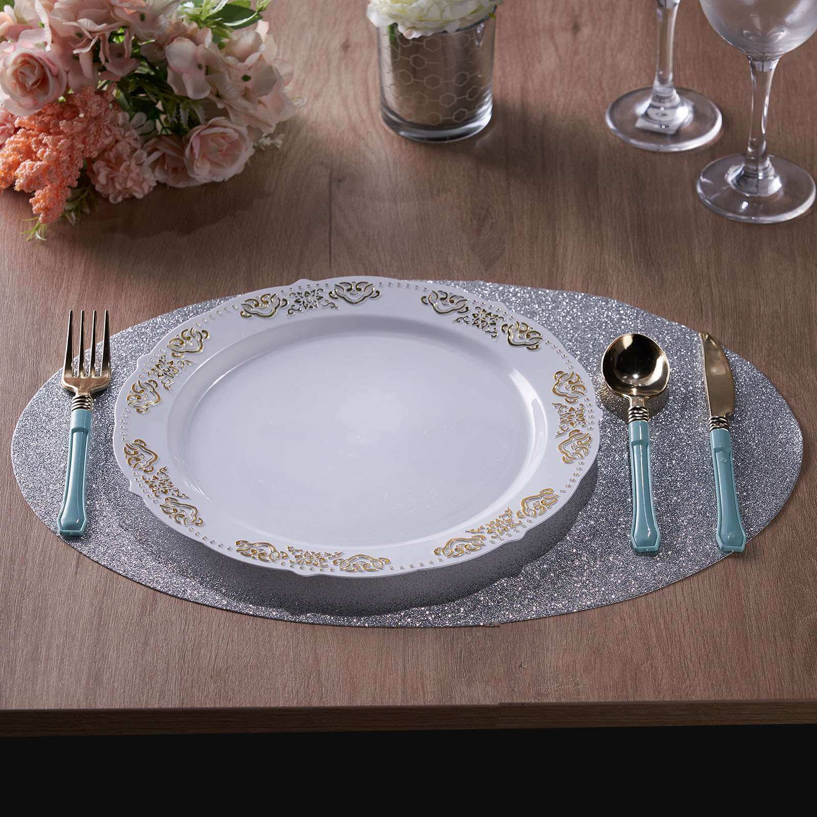 6-Pack Placemats Glitter Design Silver Sparkle Oval - Non-Slip Decorative Table Mats for Dining 12"x18"