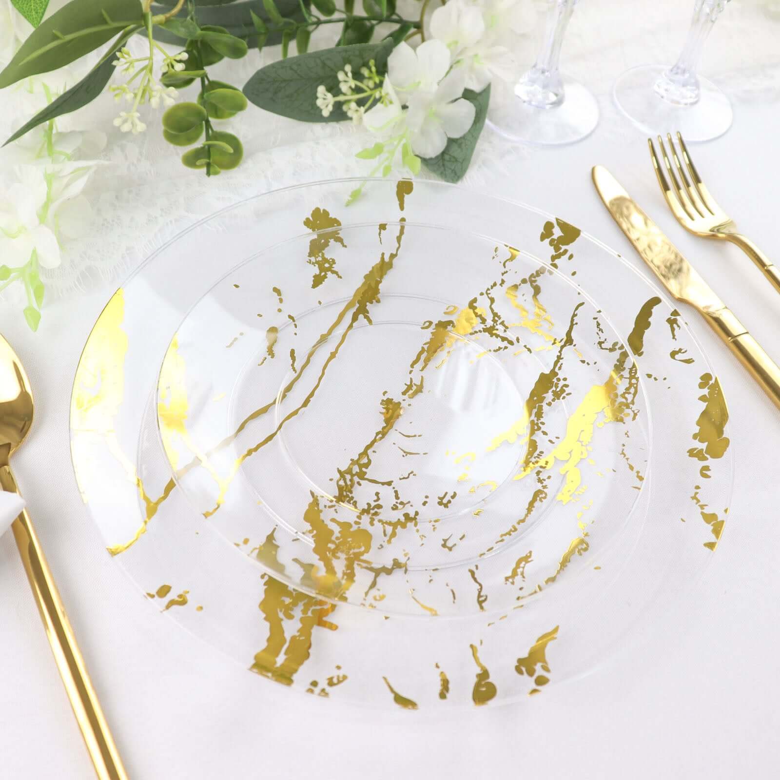 10-Pack Plastic 8" Round Dessert Plates in Clear with Gold Marble Print - Disposable Appetizer/Salad Plates for Chic Banquets & Special Occasions