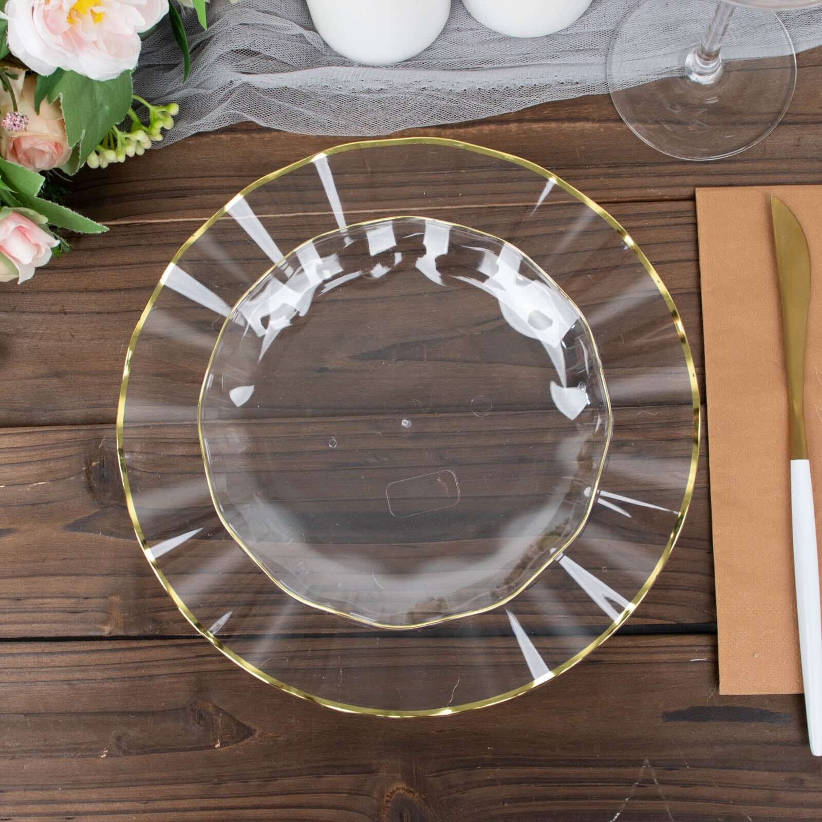 10-Pack Plastic Round 6" Dessert Plates in Clear Ruffled Rim with Gold Edging - Sturdy Disposable Salad Appetizer Dinnerware