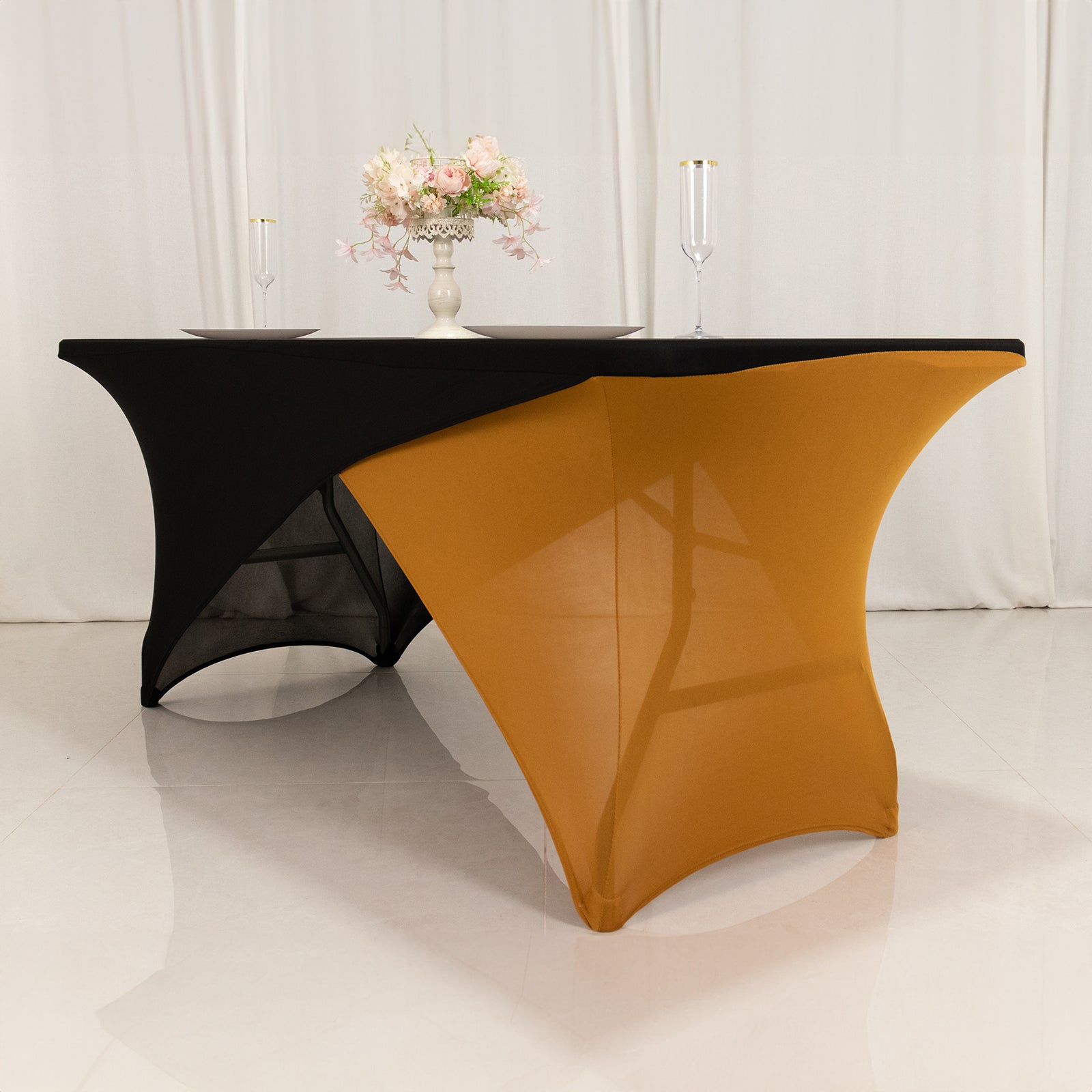 Stretch Spandex 72"x30" Rectangle Table Cover Black/Gold Cross Over Design - Two-Piece Fitted Tablecloth with Elastic Foot Pockets