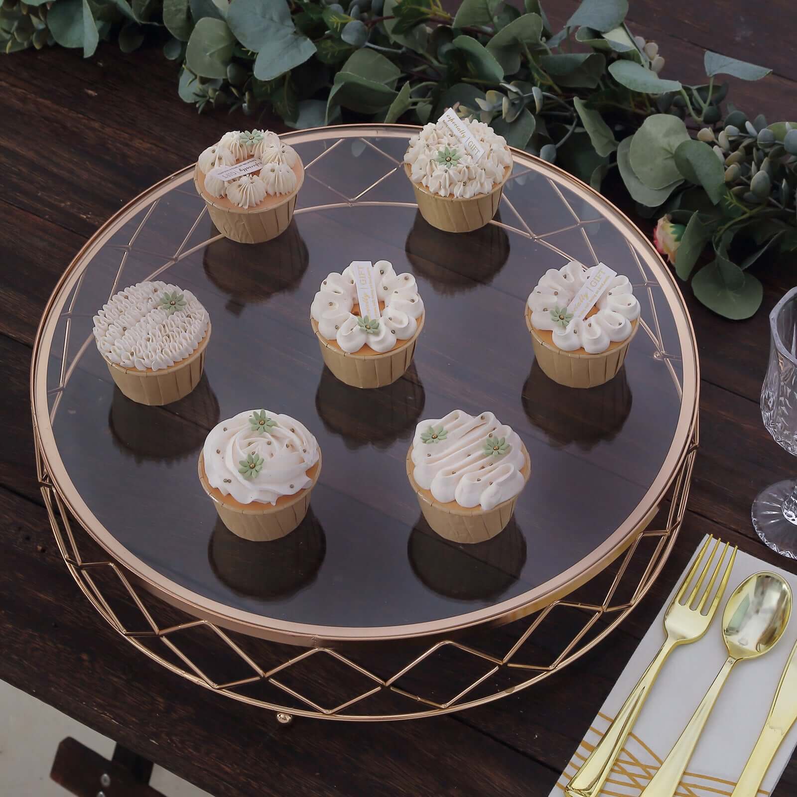 Metal Cake Stand Geometric Diamond Cut Design Gold with Glass Top - Dessert Display Riser 14"